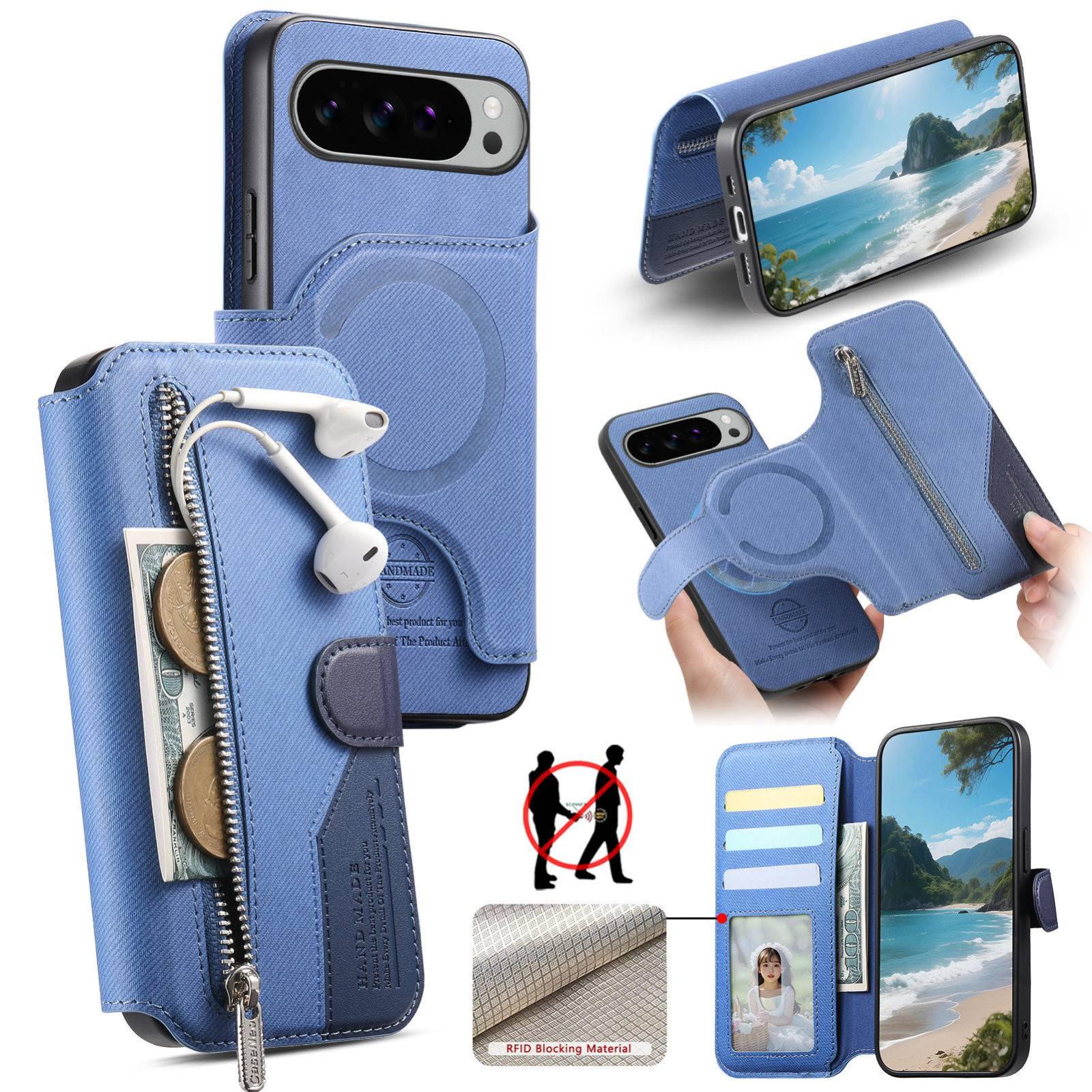 For Google Pixel 11 Pro XL Twill Fabric MagSafe RFID Anti-theft Zipper Wallet Leather Phone Case(Dark Blue) - Shopkiz.com