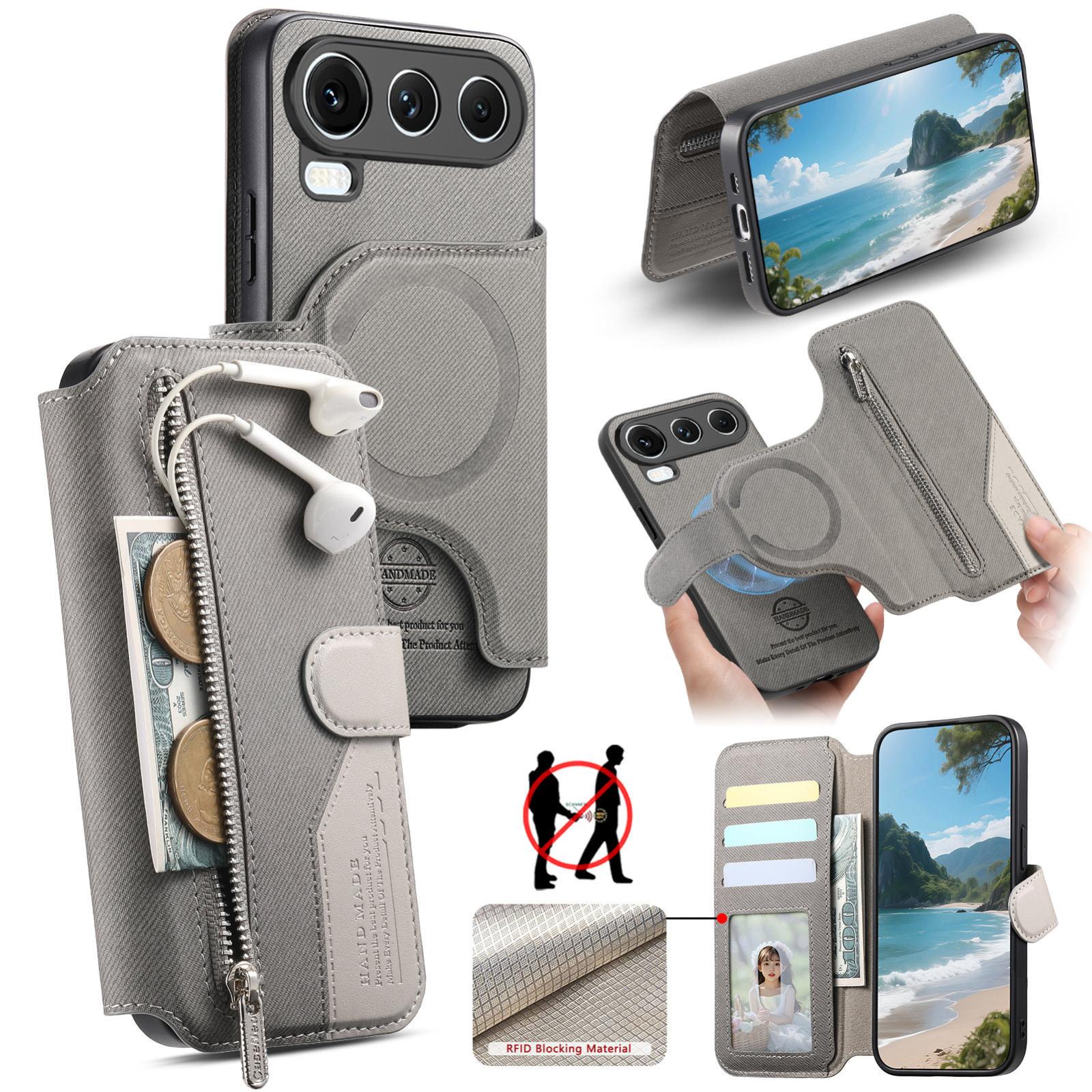 For Honor 600 Super Edition Twill Fabric MagSafe RFID Anti-theft Zipper Wallet Leather Phone Case(Grey) - Shopkiz.com