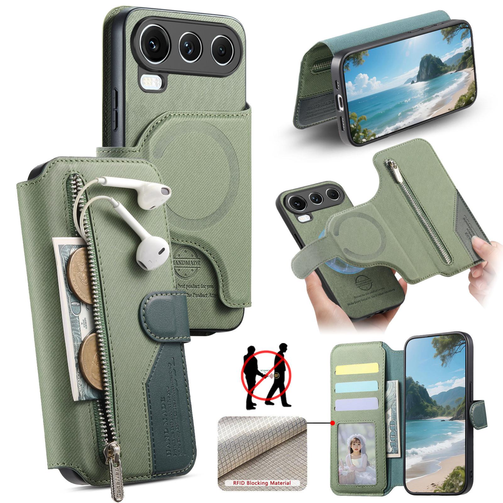 For Honor 600 Super Edition Twill Fabric MagSafe RFID Anti-theft Zipper Wallet Leather Phone Case(Green) - Shopkiz.com