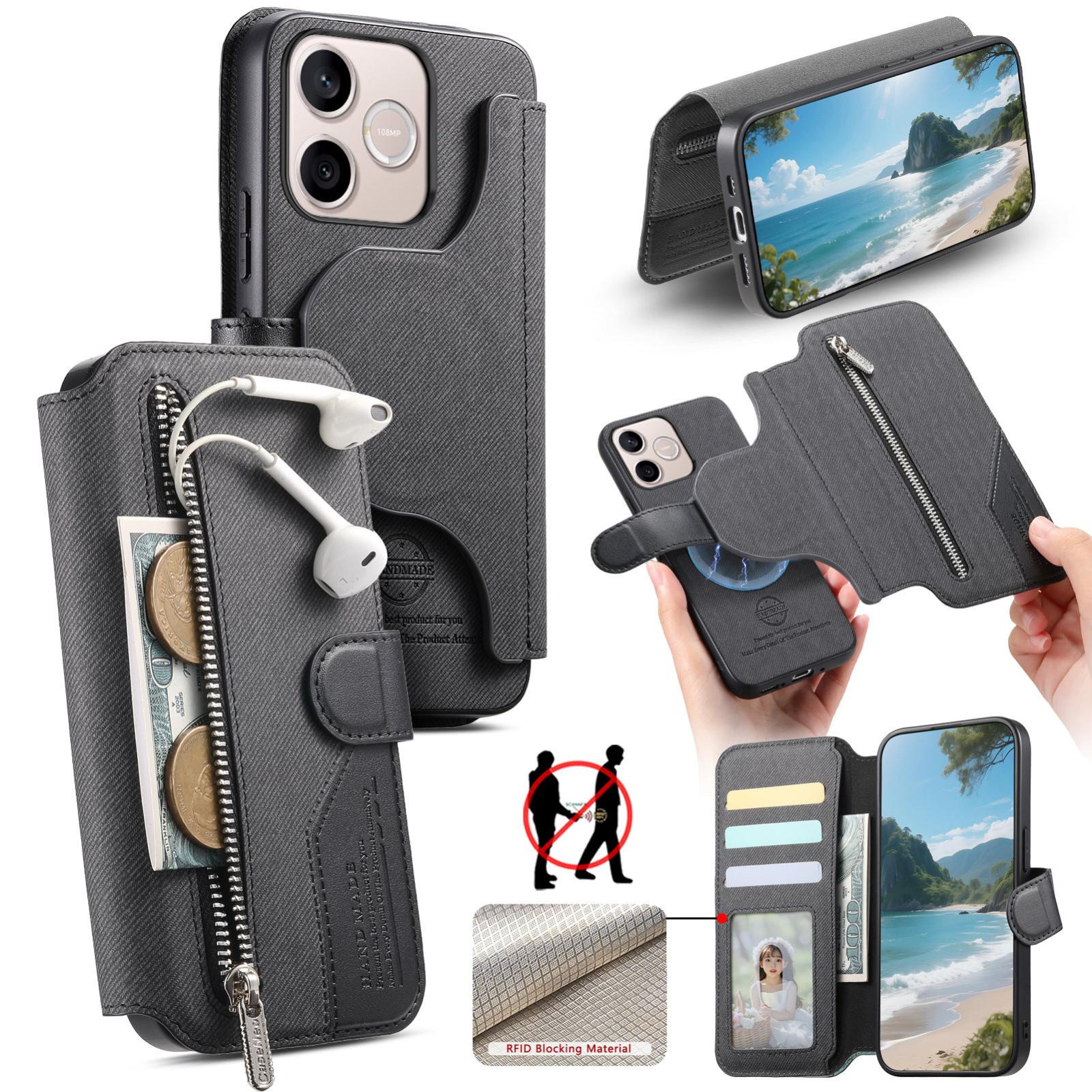 For Honor 600 Lite Global Twill Fabric MagSafe RFID Anti-theft Zipper Wallet Leather Phone Case(Black) - Shopkiz.com