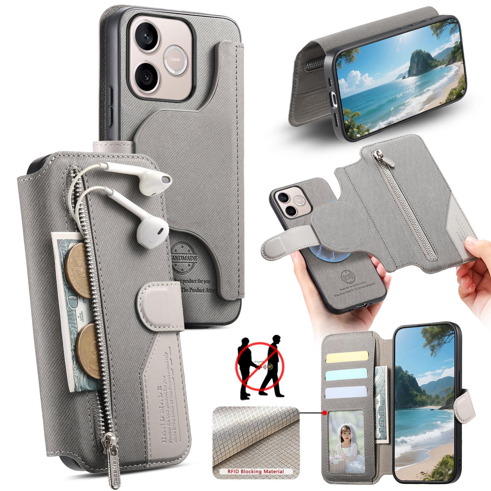 For Honor 600 Lite Global Twill Fabric MagSafe RFID Anti-theft Zipper Wallet Leather Phone Case(Grey) - Shopkiz.com