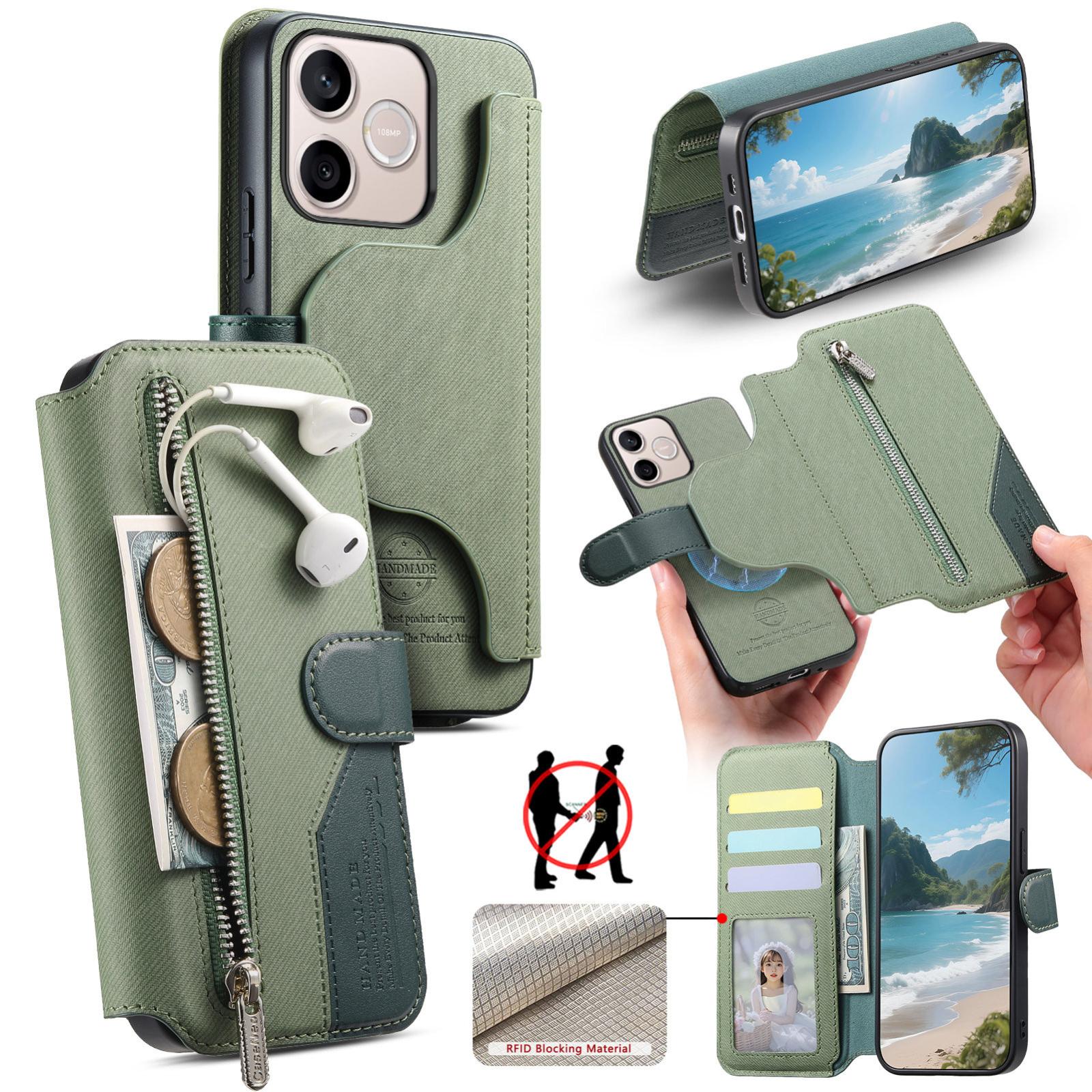 For Honor 600 Lite Global Twill Fabric MagSafe RFID Anti-theft Zipper Wallet Leather Phone Case(Green) - Shopkiz.com