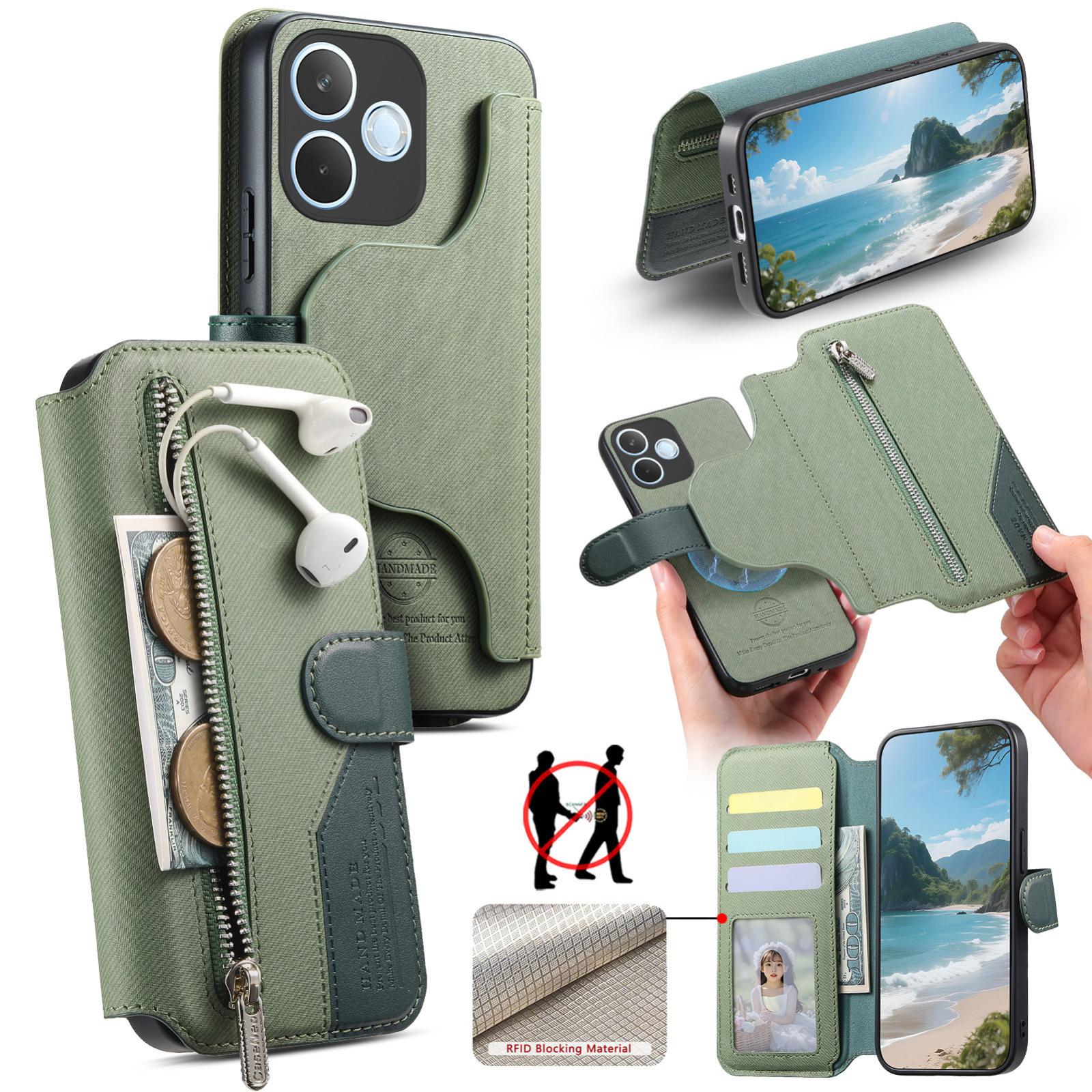 For OPPO A6s Pro 5G Global Twill Fabric MagSafe RFID Anti-theft Zipper Wallet Leather Phone Case(Green) - Shopkiz.com