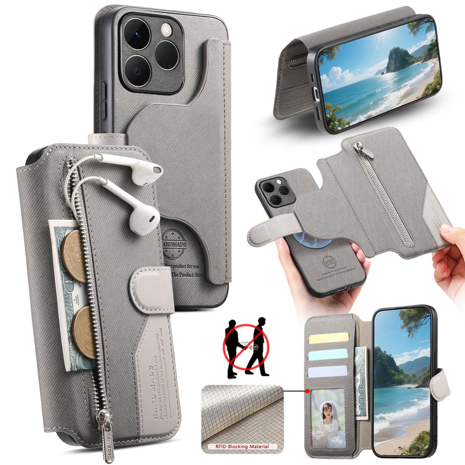 For Realme 15T 5G Twill Fabric MagSafe RFID Anti-theft Zipper Wallet Leather Phone Case(Grey) - Shopkiz.com