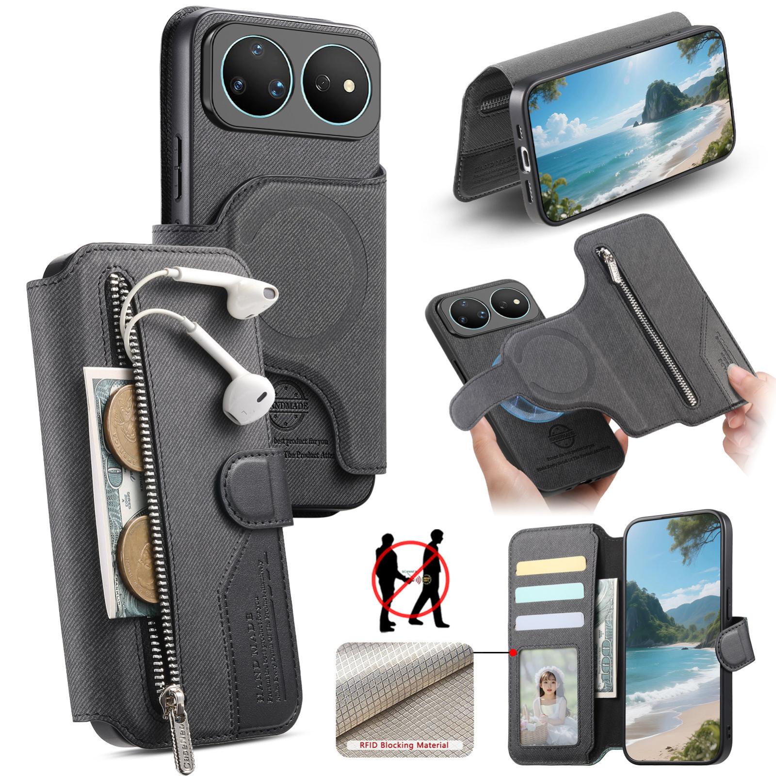 For Huawei nova 16 Twill Fabric MagSafe RFID Anti-theft Zipper Wallet Leather Phone Case(Black) - Shopkiz.com