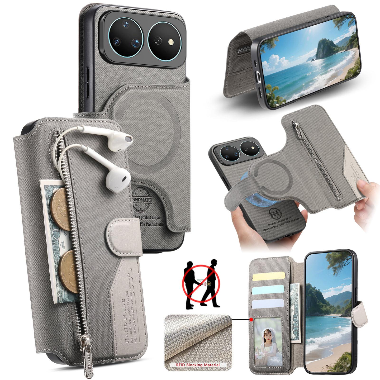 For Huawei nova 16 Twill Fabric MagSafe RFID Anti-theft Zipper Wallet Leather Phone Case(Grey) - Shopkiz.com