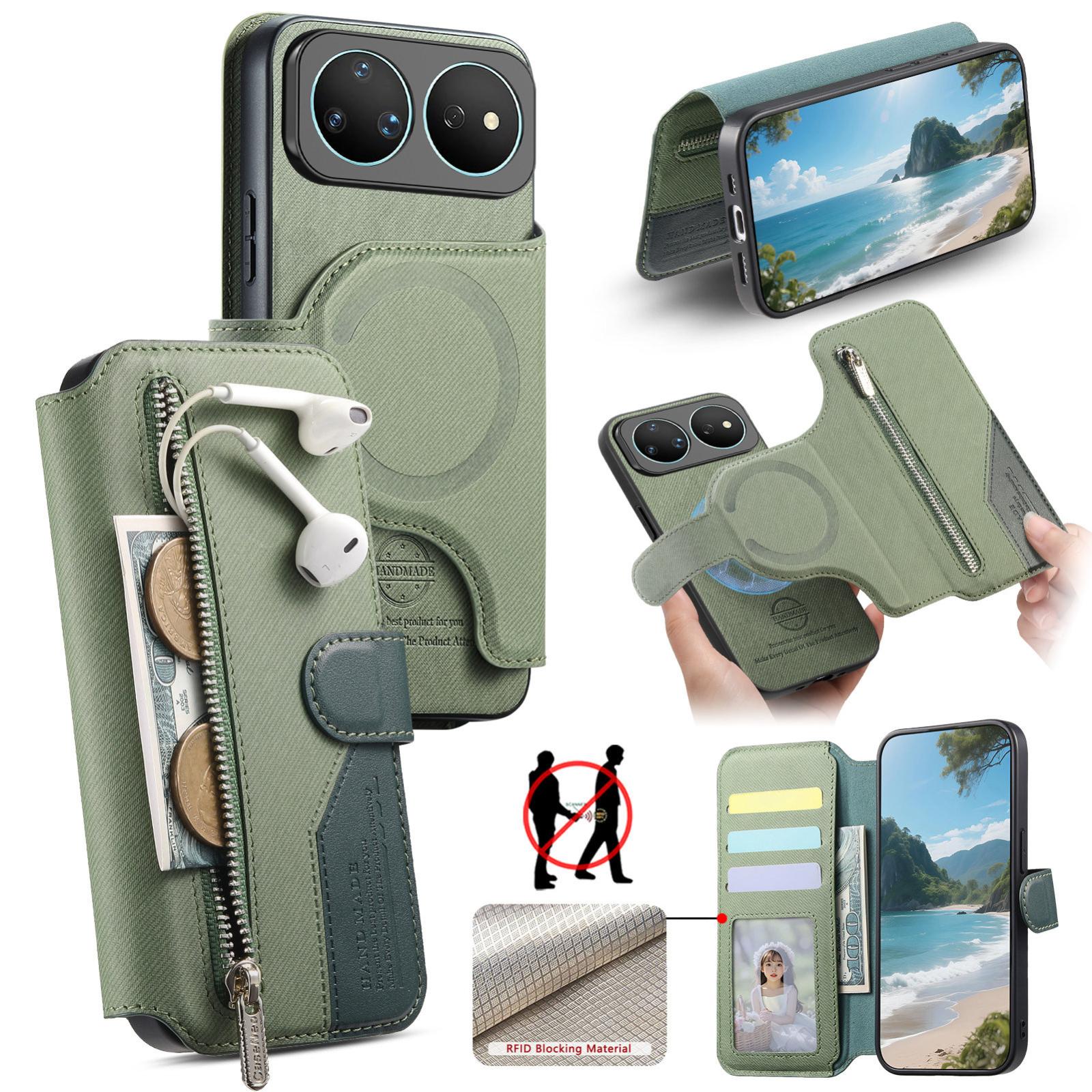 For Huawei nova 16 Twill Fabric MagSafe RFID Anti-theft Zipper Wallet Leather Phone Case(Green) - Shopkiz.com