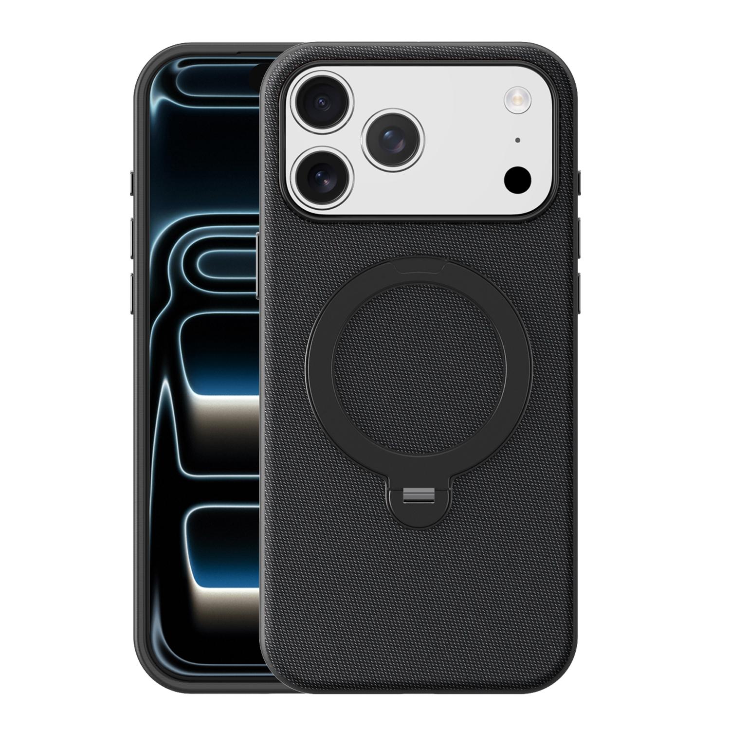 For iPhone 17 Pro Max Tech Fabric 360 Rotation Holder Magnetic Phone Case with AI Camera Button(Black) - Shopkiz.com