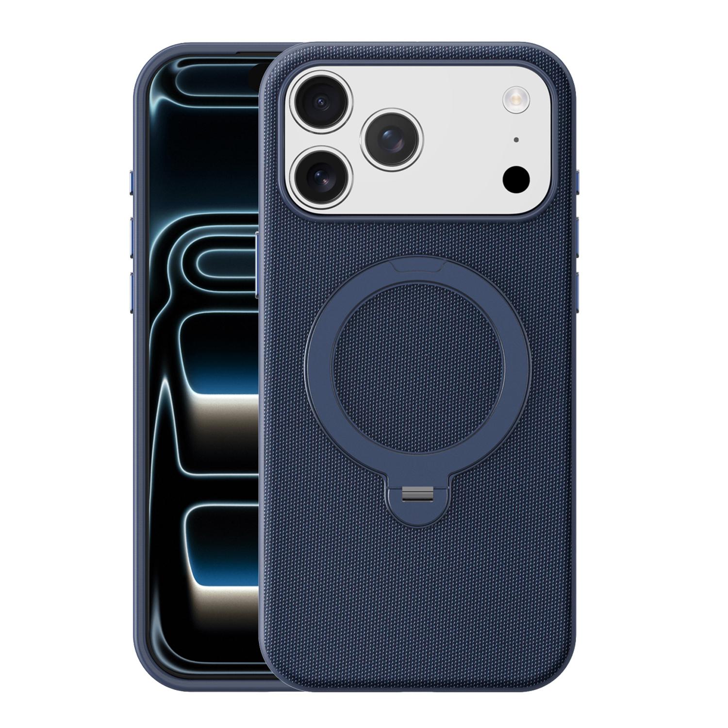 For iPhone 17 Pro Max Tech Fabric 360 Rotation Holder Magnetic Phone Case with AI Camera Button(Blue) - Shopkiz.com