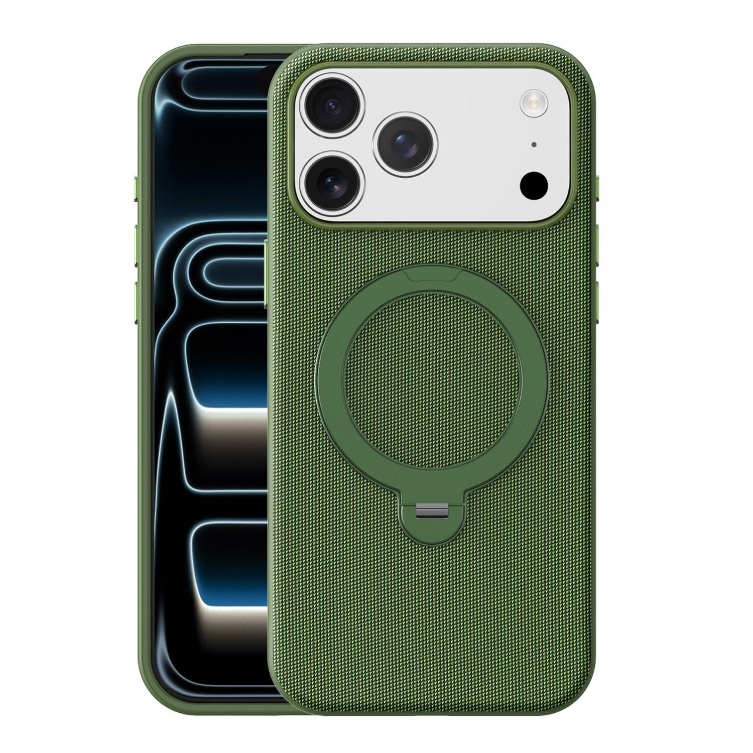 For iPhone 17 Pro Max Tech Fabric 360 Rotation Holder Magnetic Phone Case with AI Camera Button(Green) - Shopkiz.com
