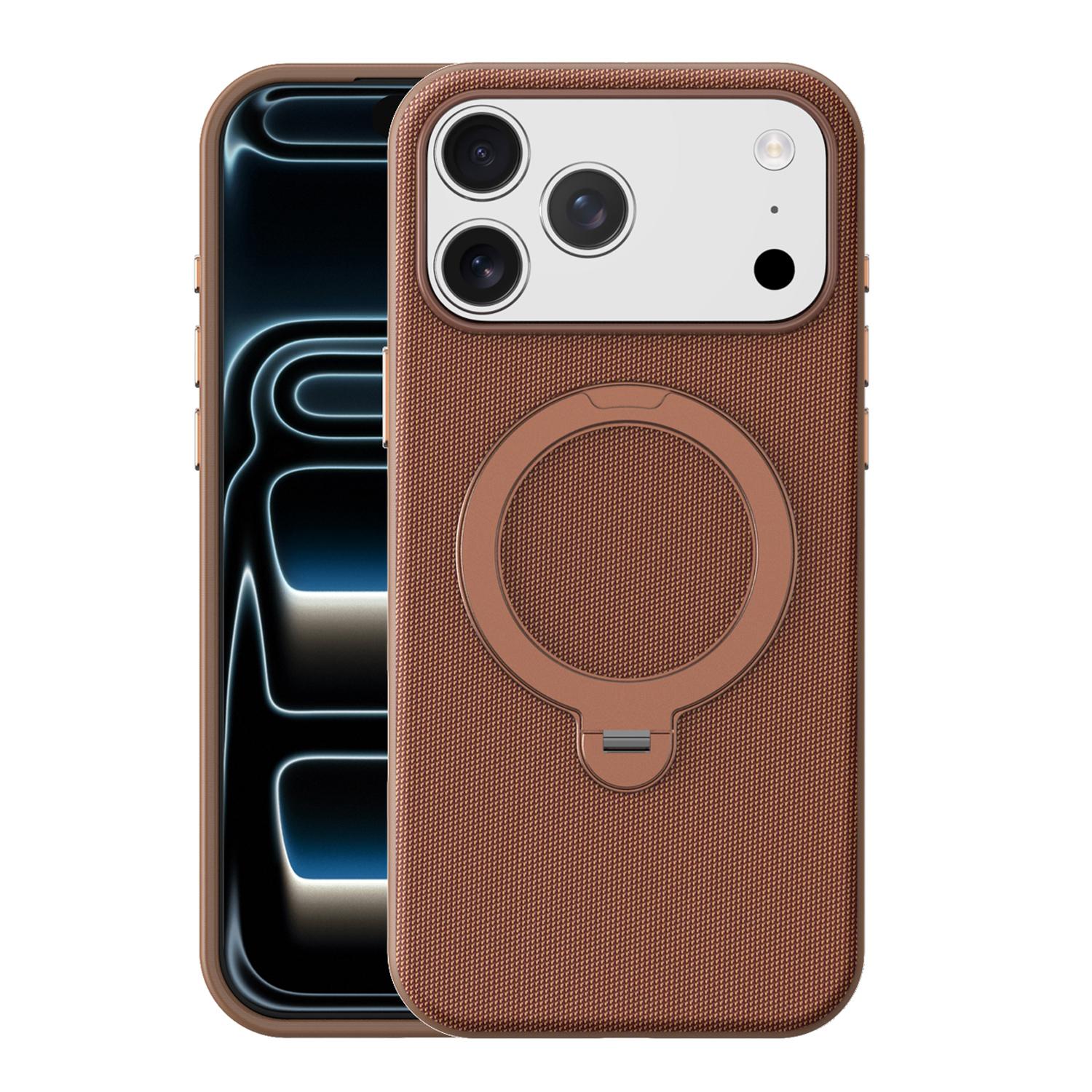 For iPhone 17 Pro Max Tech Fabric 360 Rotation Holder Magnetic Phone Case with AI Camera Button(Umber) - Shopkiz.com