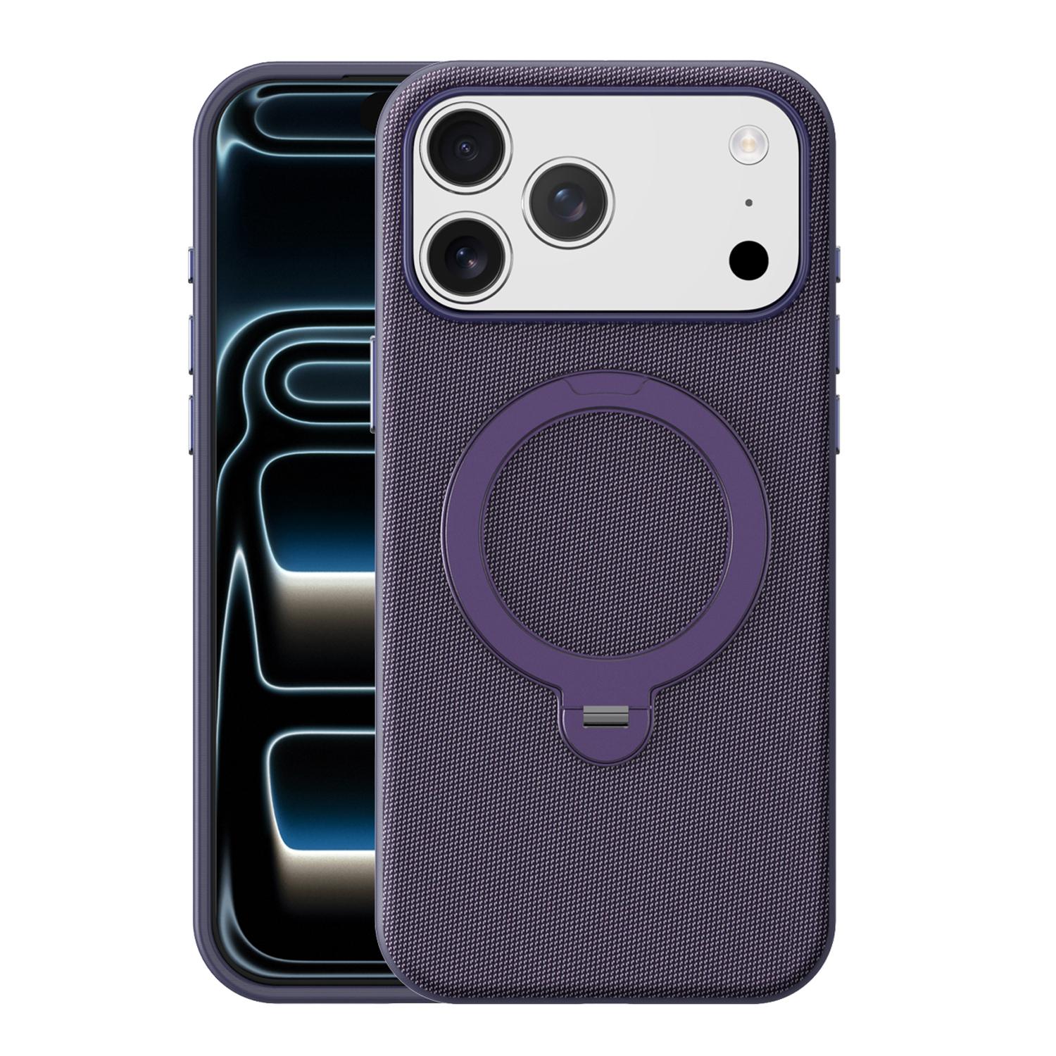 For iPhone 17 Pro Max Tech Fabric 360 Rotation Holder Magnetic Phone Case with AI Camera Button(Purple) - Shopkiz.com