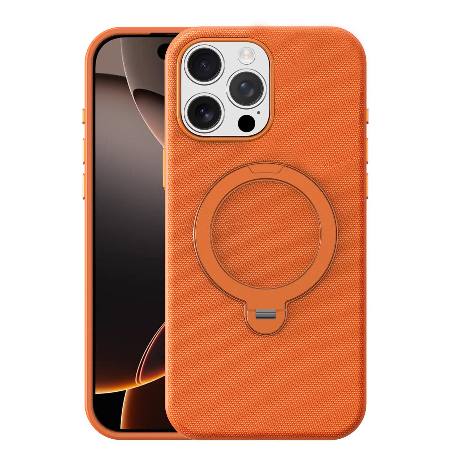 For iPhone 16 Pro Max Tech Fabric 360 Rotation Holder Magnetic Phone Case with AI Camera Button(Orange) - Shopkiz.com