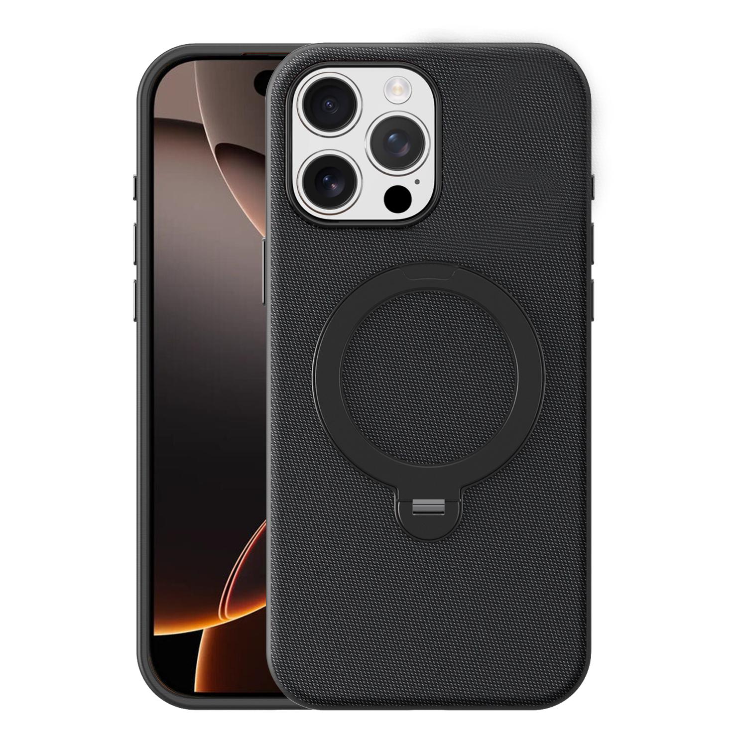 For iPhone 16 Pro Max Tech Fabric 360 Rotation Holder Magnetic Phone Case with AI Camera Button(Black) - Shopkiz.com