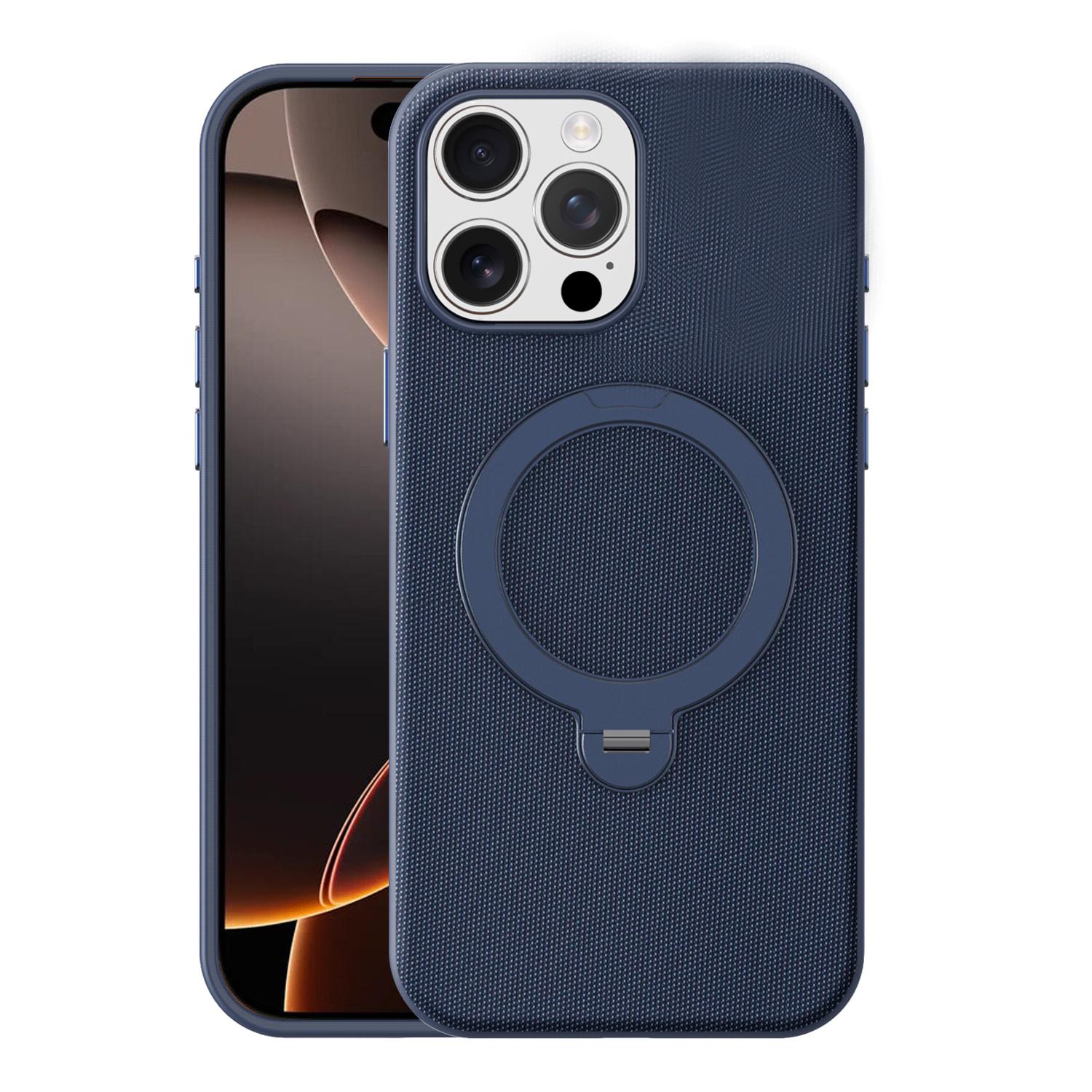 For iPhone 16 Pro Max Tech Fabric 360 Rotation Holder Magnetic Phone Case with AI Camera Button(Blue) - Shopkiz.com