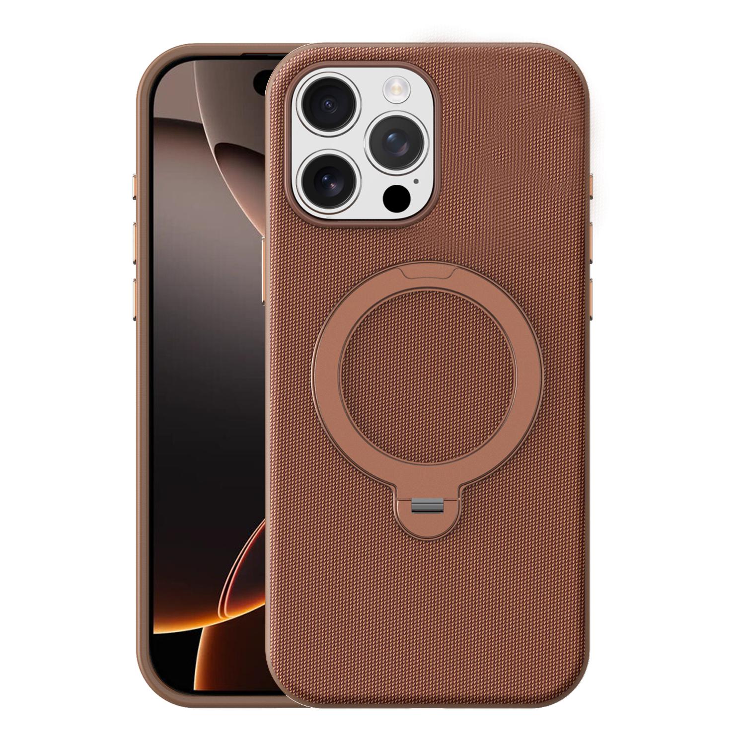 For iPhone 16 Pro Max Tech Fabric 360 Rotation Holder Magnetic Phone Case with AI Camera Button(Umber) - Shopkiz.com