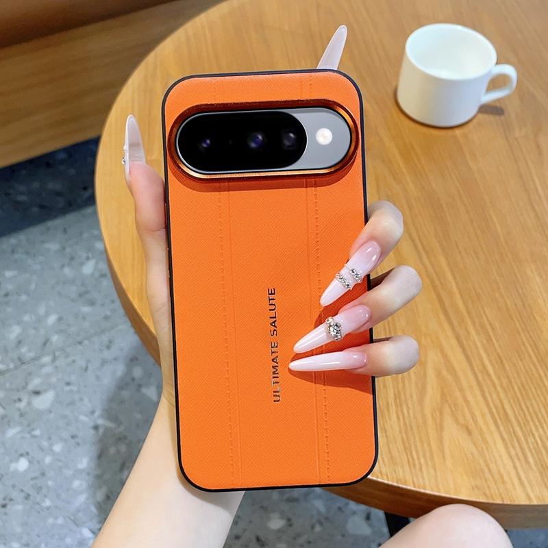 For Google Pixel 11 Metal Camera Lens Frame Buttons Vegan Leather Phone Case(Orange) - Shopkiz.com