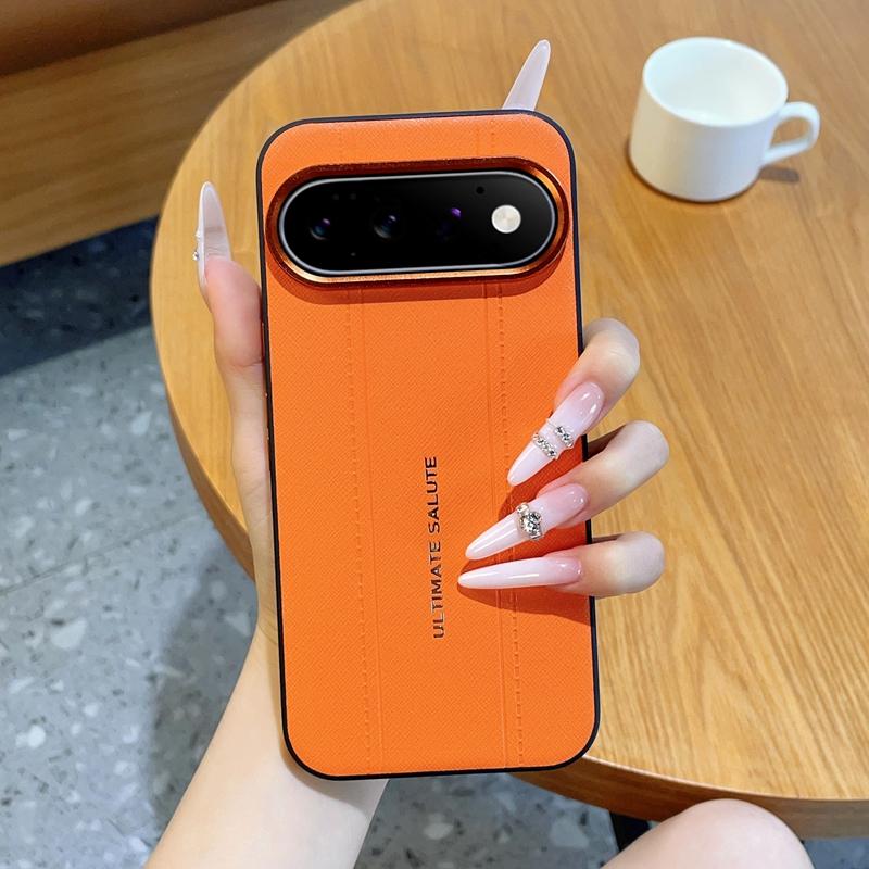 For Google Pixel 11 Pro Metal Camera Lens Frame Buttons Vegan Leather Phone Case(Orange) - Shopkiz.com