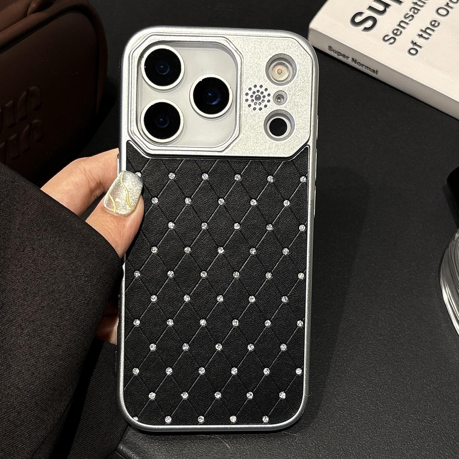 For iPhone 17 Pro Electroplating PC Grid Texture Vegan Leather Phone Case(Black) - Shopkiz.com