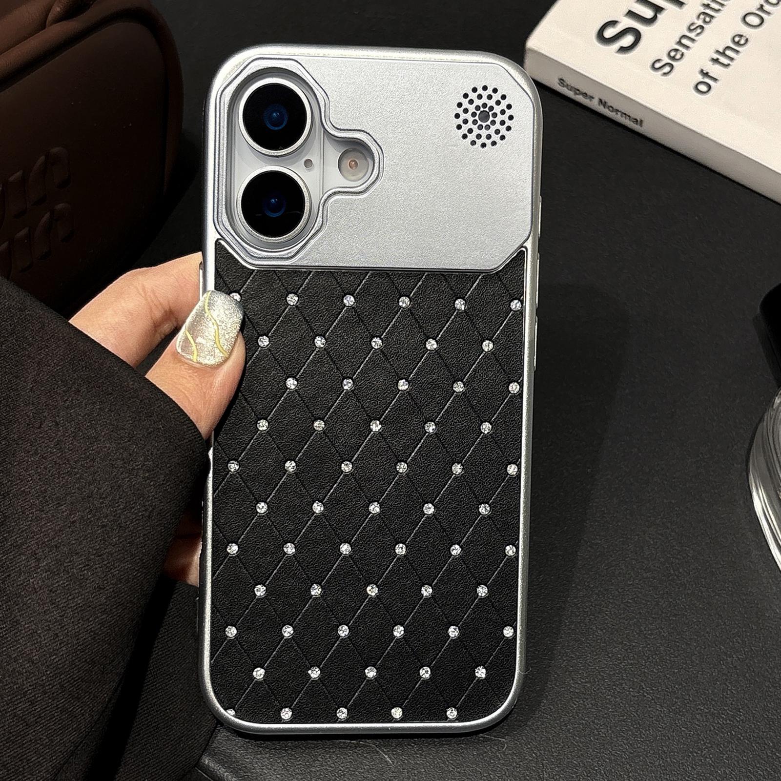 For iPhone 16 Electroplating PC Grid Texture Vegan Leather Phone Case(Black) - Shopkiz.com