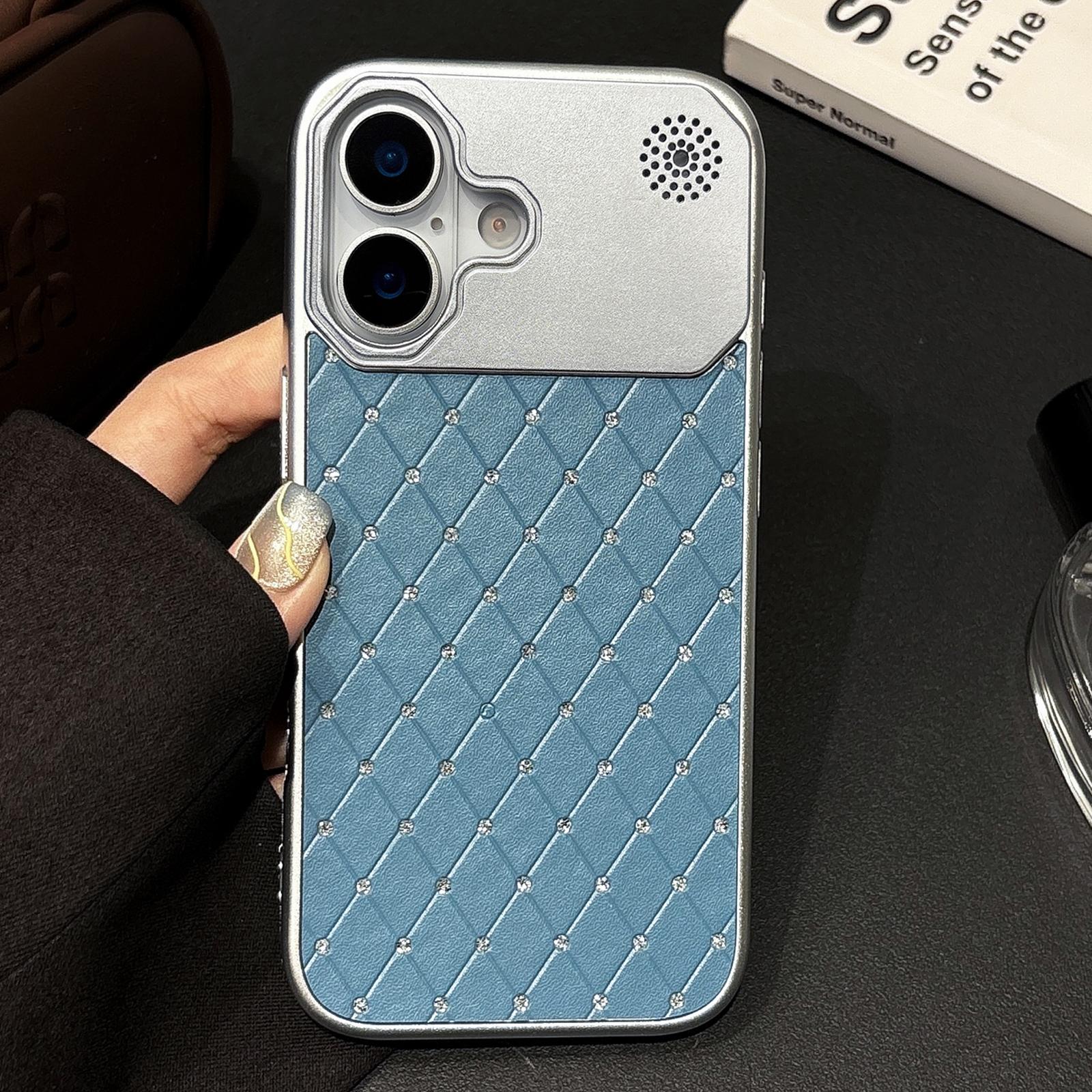 For iPhone 16 Electroplating PC Grid Texture Vegan Leather Phone Case(Blue) - Shopkiz.com