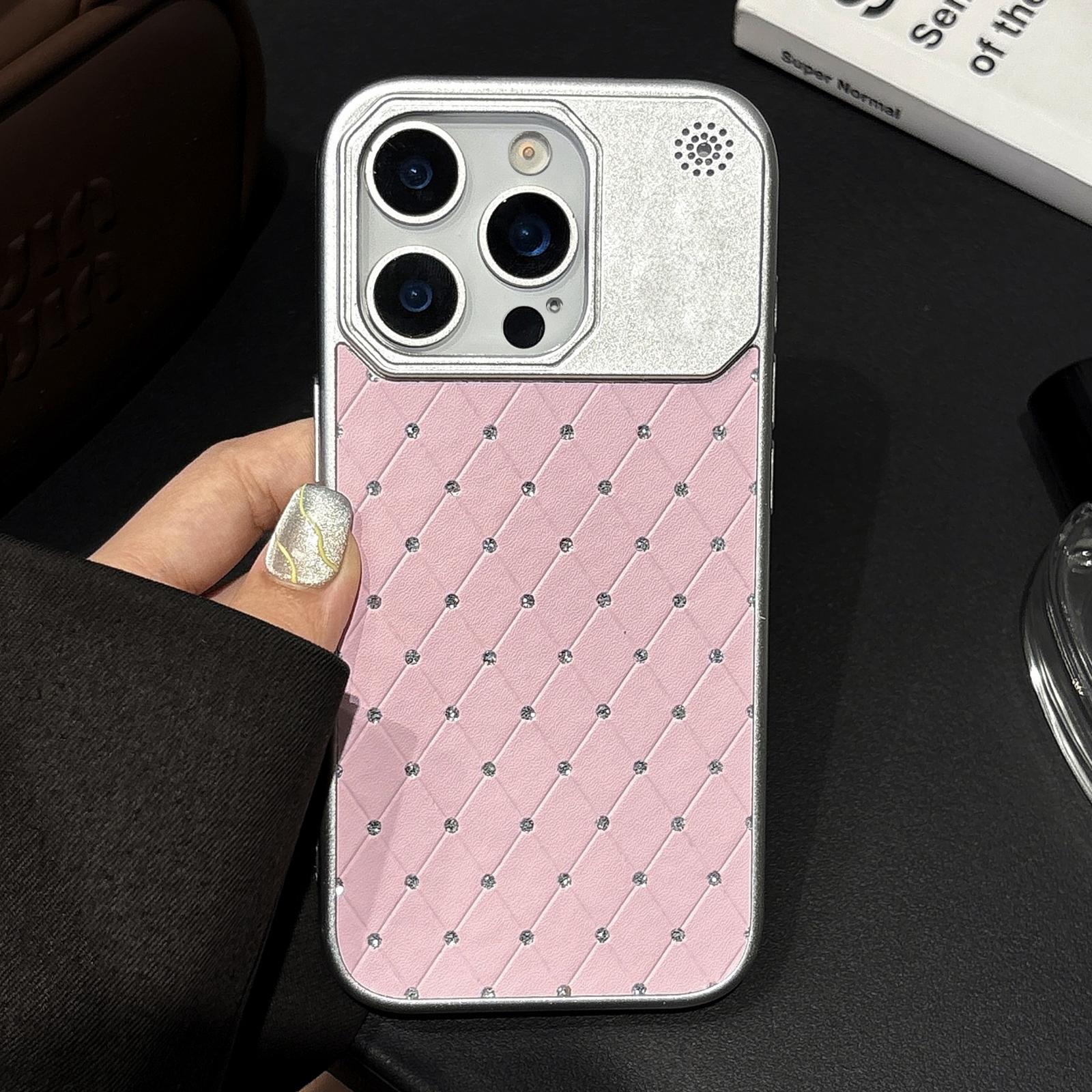 For iPhone 15 Pro Electroplating PC Grid Texture Vegan Leather Phone Case(Pink) - Shopkiz.com