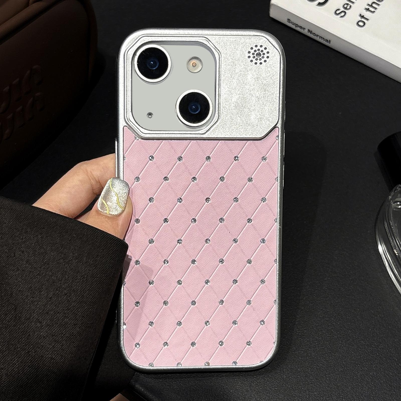 For iPhone 14 / 13 Electroplating PC Grid Texture Vegan Leather Phone Case(Pink) - Shopkiz.com