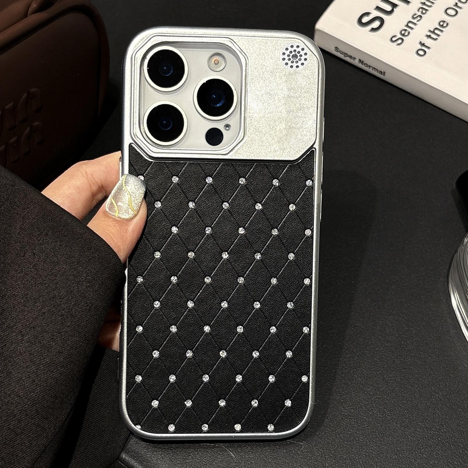 For iPhone 14 Pro Electroplating PC Grid Texture Vegan Leather Phone Case(Black)