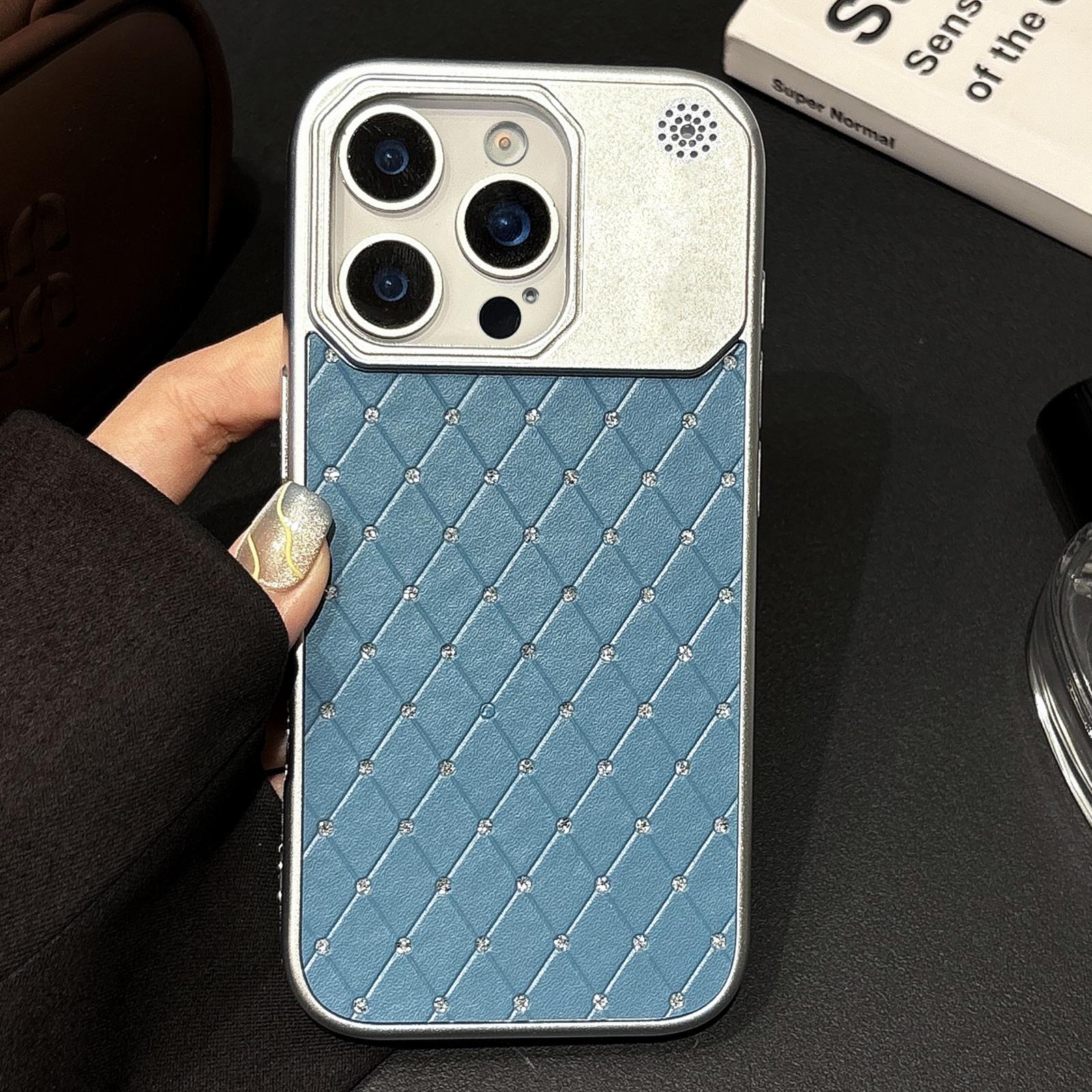 For iPhone 14 Pro Electroplating PC Grid Texture Vegan Leather Phone Case(Blue) - Shopkiz.com