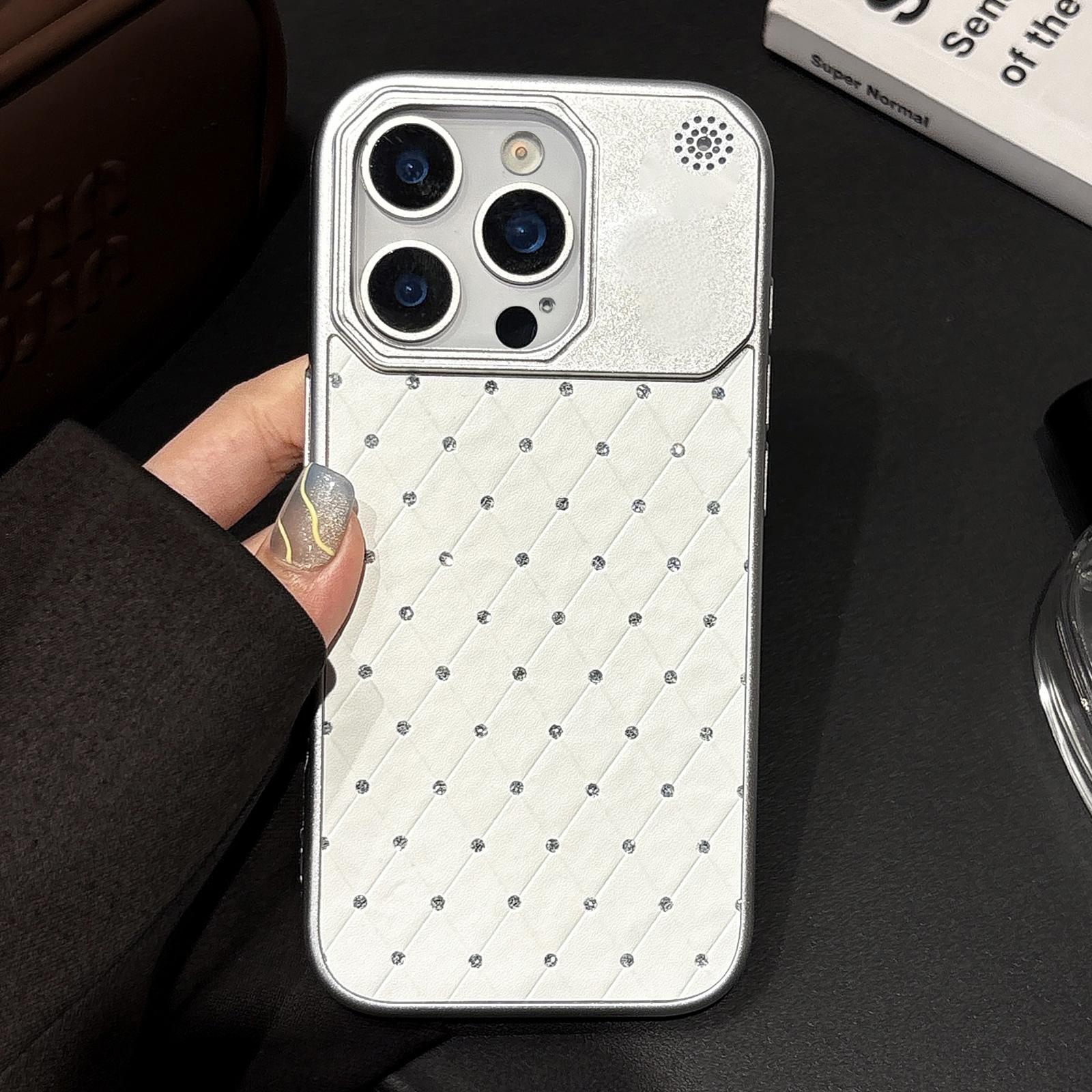 For iPhone 14 Pro Max Electroplating PC Grid Texture Vegan Leather Phone Case(White) - Shopkiz.com