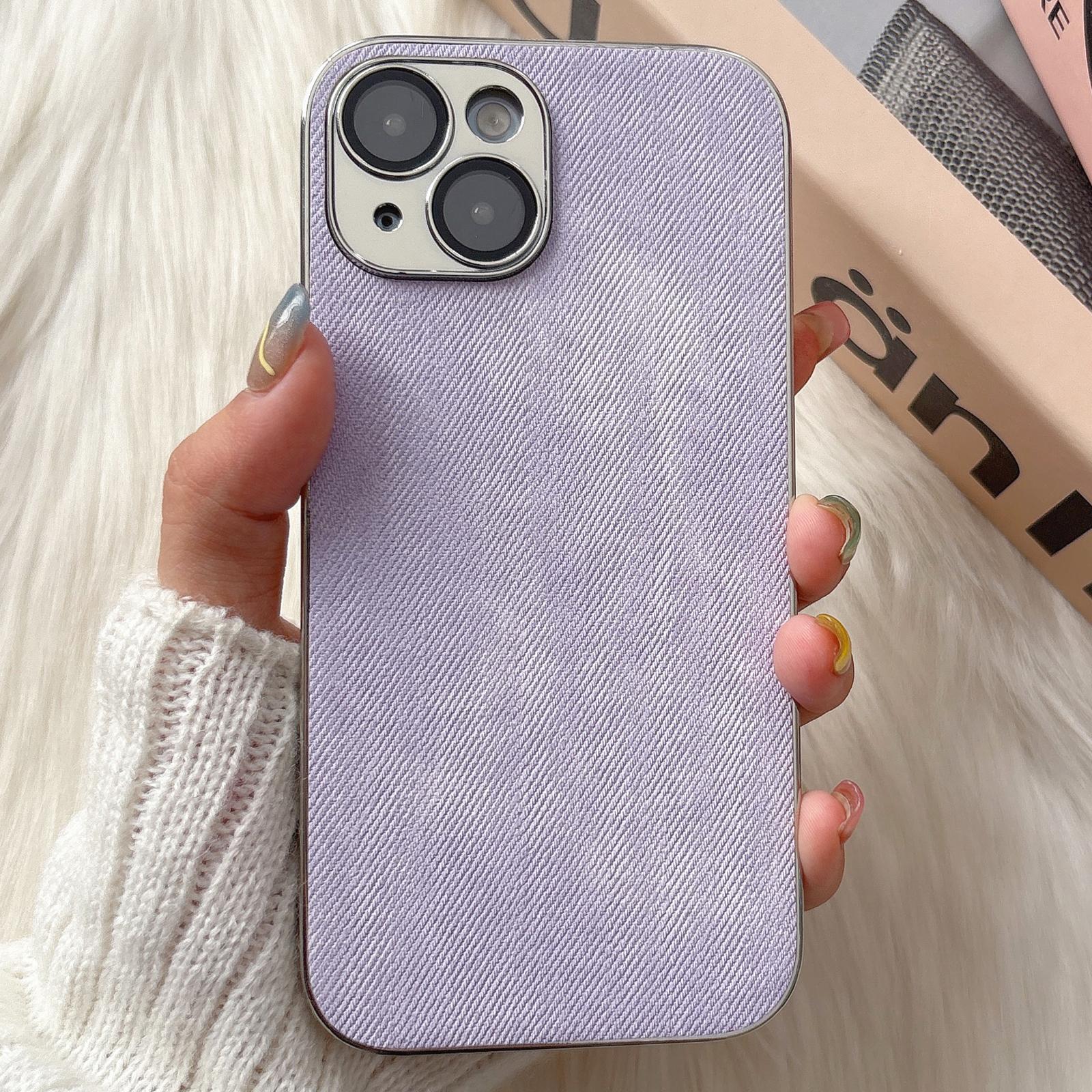 For iPhone 15 Plus Denim Pattern TPU Shockproof Phone Case(Light Purple Fabric) - Shopkiz.com