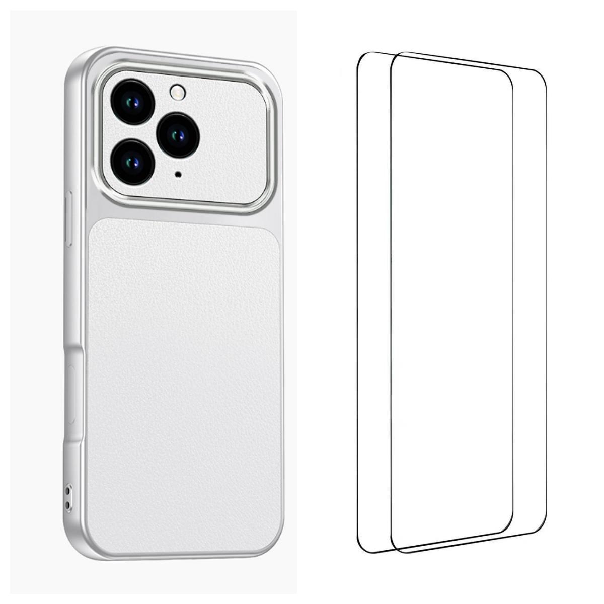 iPhone 16 Pro Max WANLONFENG Lambskin Texture PC TPU Phone Case with 2pcs Screen Films(White) - Shopkiz.com