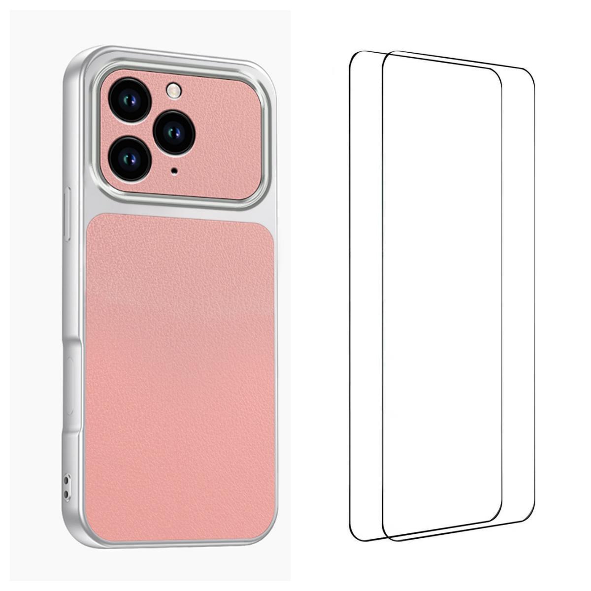 iPhone 16 Pro Max WANLONFENG Lambskin Texture PC TPU Phone Case with 2pcs Screen Films(Pink) - Shopkiz.com