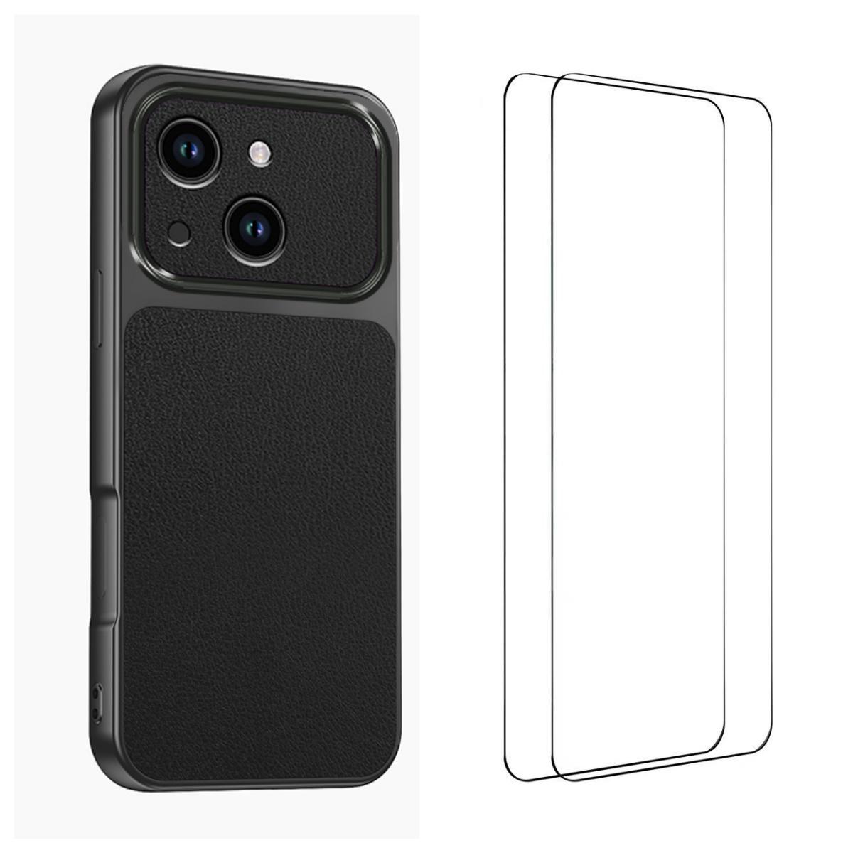 For iPhone 14 WANLONFENG Lambskin Texture PC TPU Phone Case with 2pcs Screen Films(Black) - Shopkiz.com