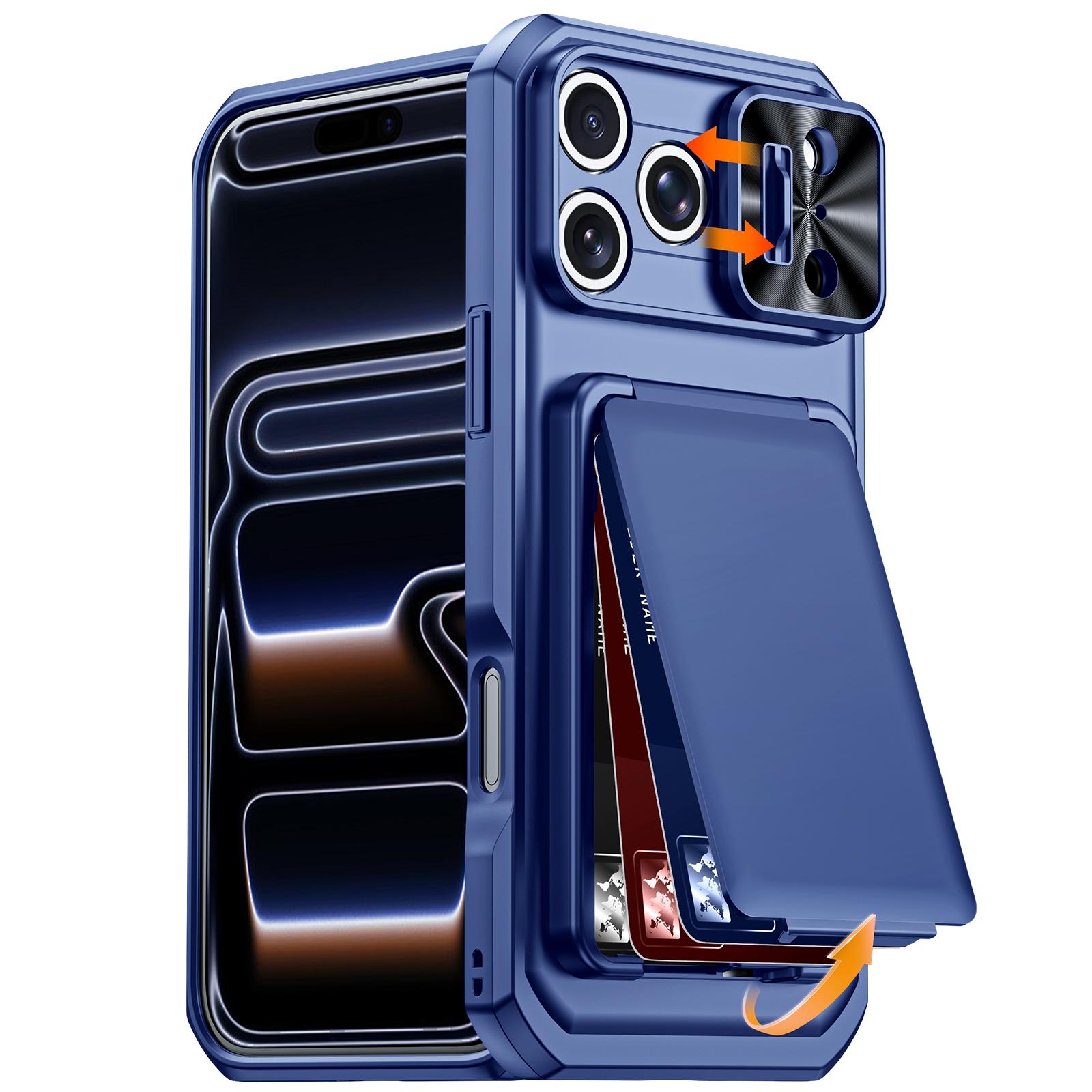 For iPhone 17 Pro Max Flip Card Holder Sliding Camera Cover PC Hybrid TPU Phone Case(Blue) - Shopkiz.com