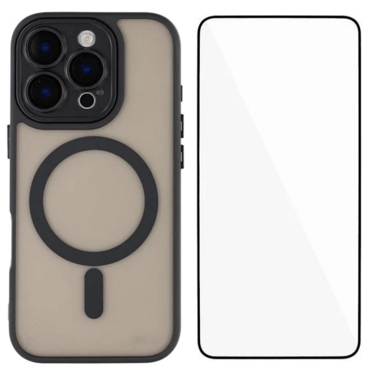 For iPhone 16 Pro Max WANLONFENG Skin-feel Magnetic PC Hybrid TPU Phone Case with Screen Protector(Black) - Shopkiz.com