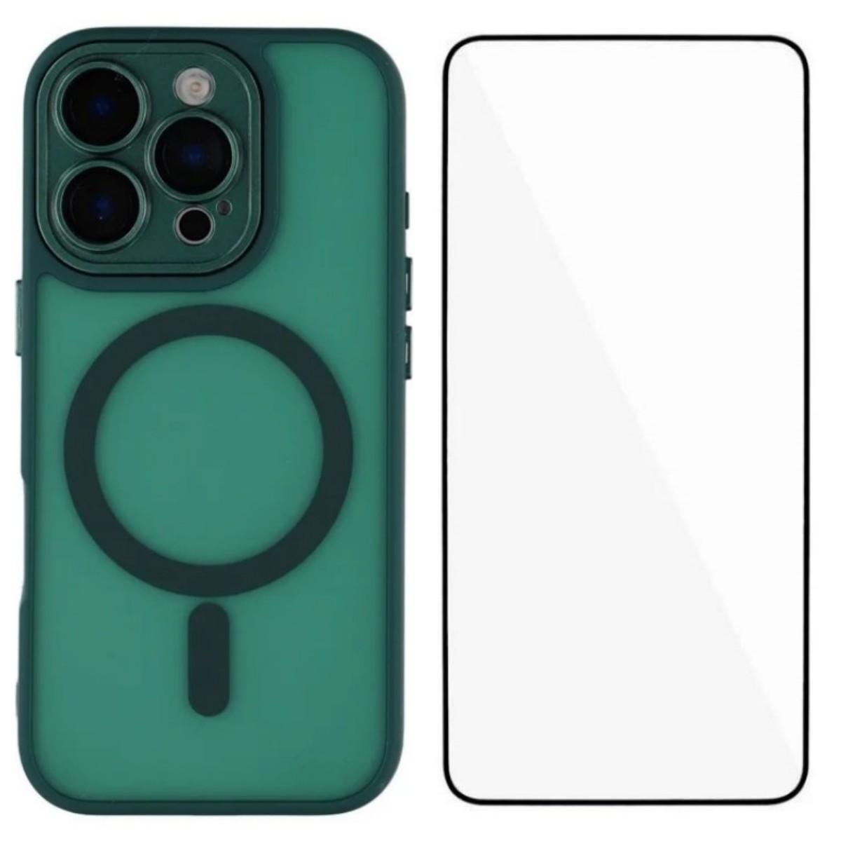 For iPhone 15 Pro WANLONFENG Skin-feel Magnetic PC Hybrid TPU Phone Case with Screen Protector(Green) - Shopkiz.com