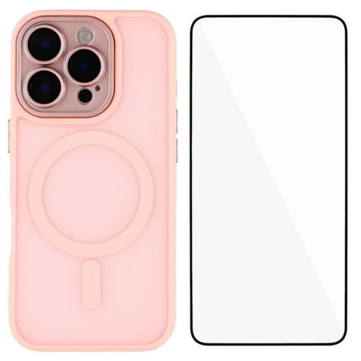 For iPhone 14 Pro Max WANLONFENG Skin-feel Magnetic PC Hybrid TPU Phone Case with Screen Protector(Pink) - Shopkiz.com