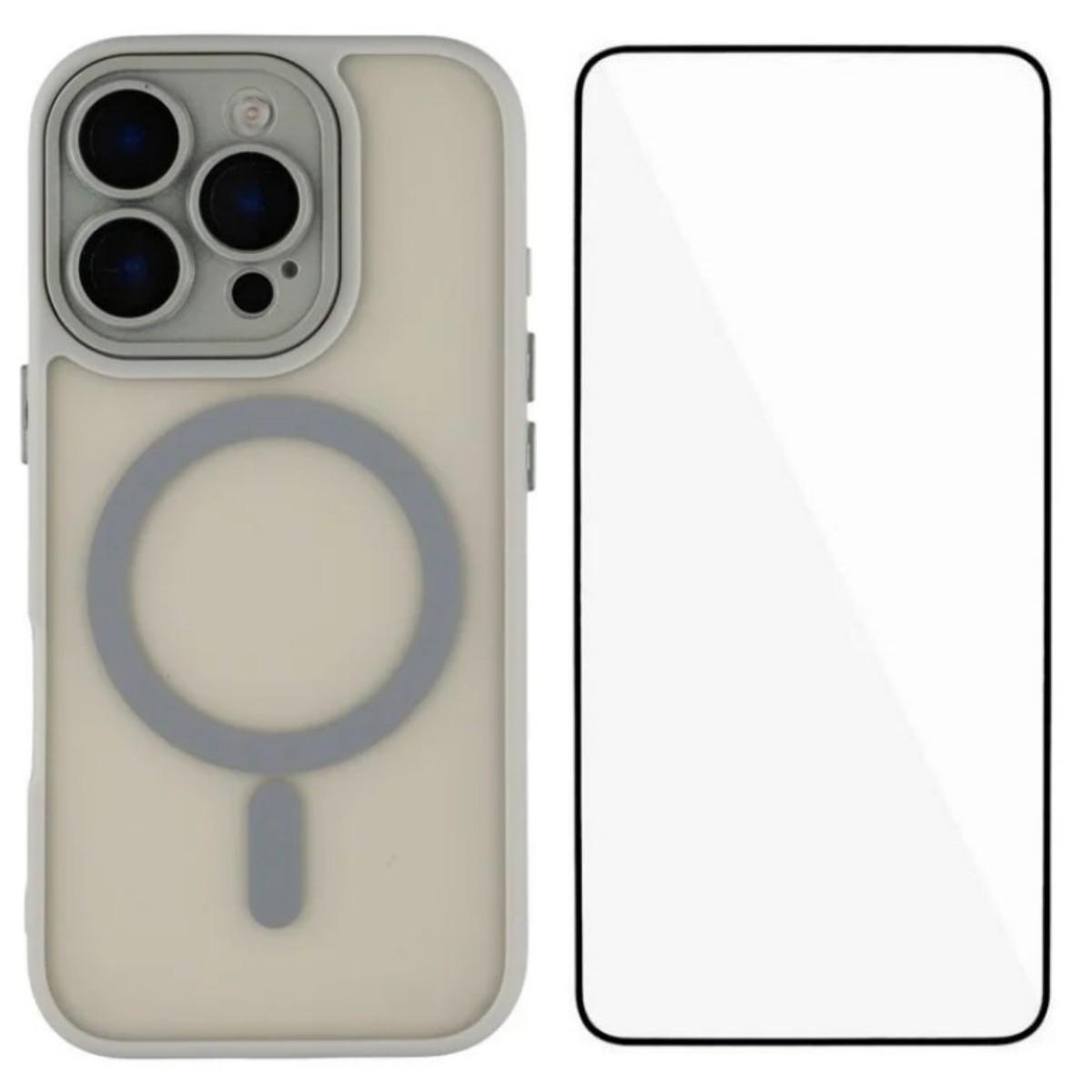 For iPhone 14 Pro Max WANLONFENG Skin-feel Magnetic PC Hybrid TPU Phone Case with Screen Protector(Grey) - Shopkiz.com