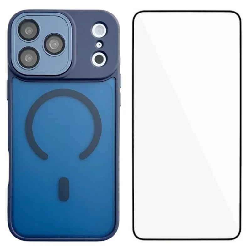 For iPhone 18 Pro Max WANLONFENG Skin-feel Magnetic PC Hybrid TPU Phone Case with Screen Protector(Blue) - Shopkiz.com