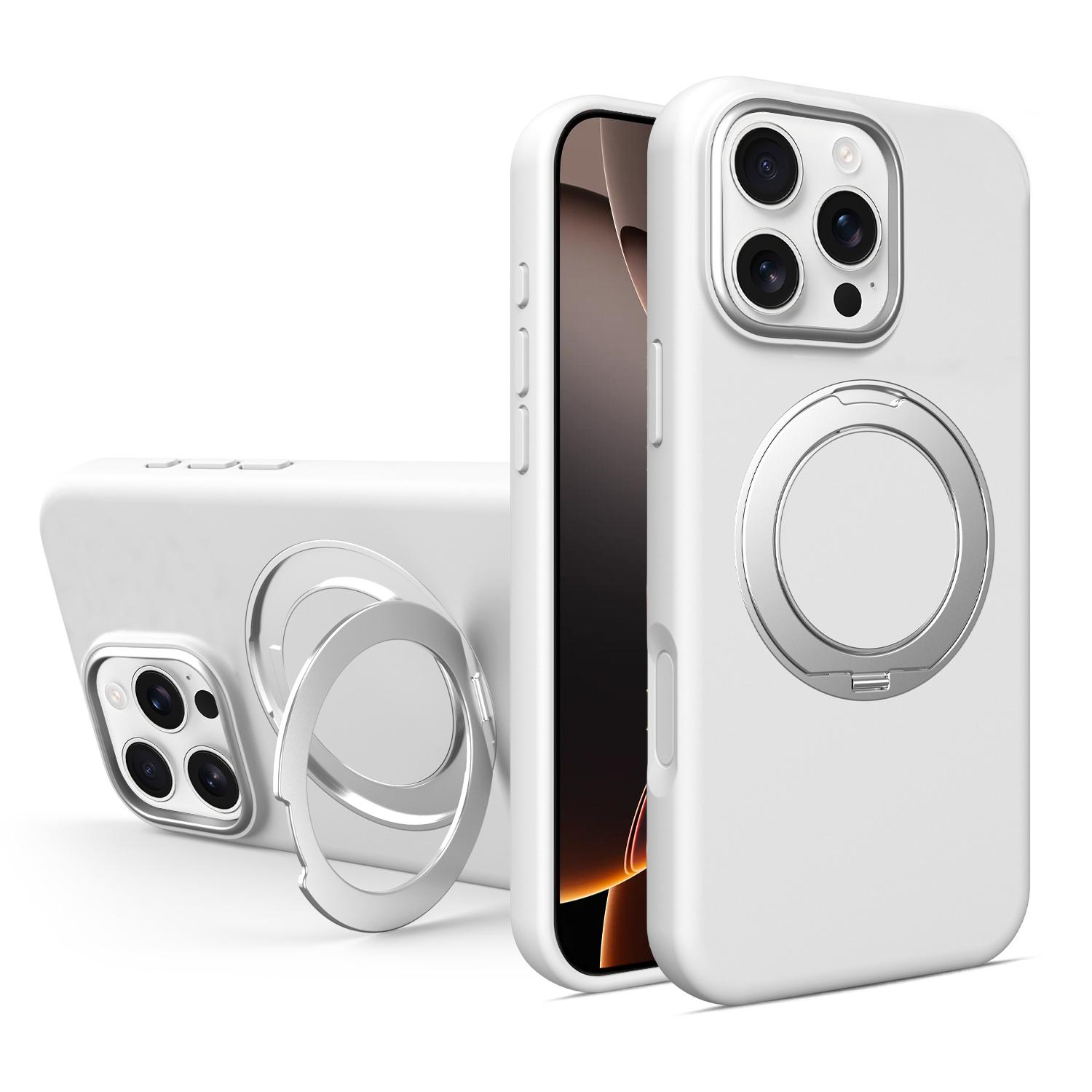 For iPhone 16 Pro Liquid Silicone Magnetic Phone Case with Rotating Stand(White) - Shopkiz.com