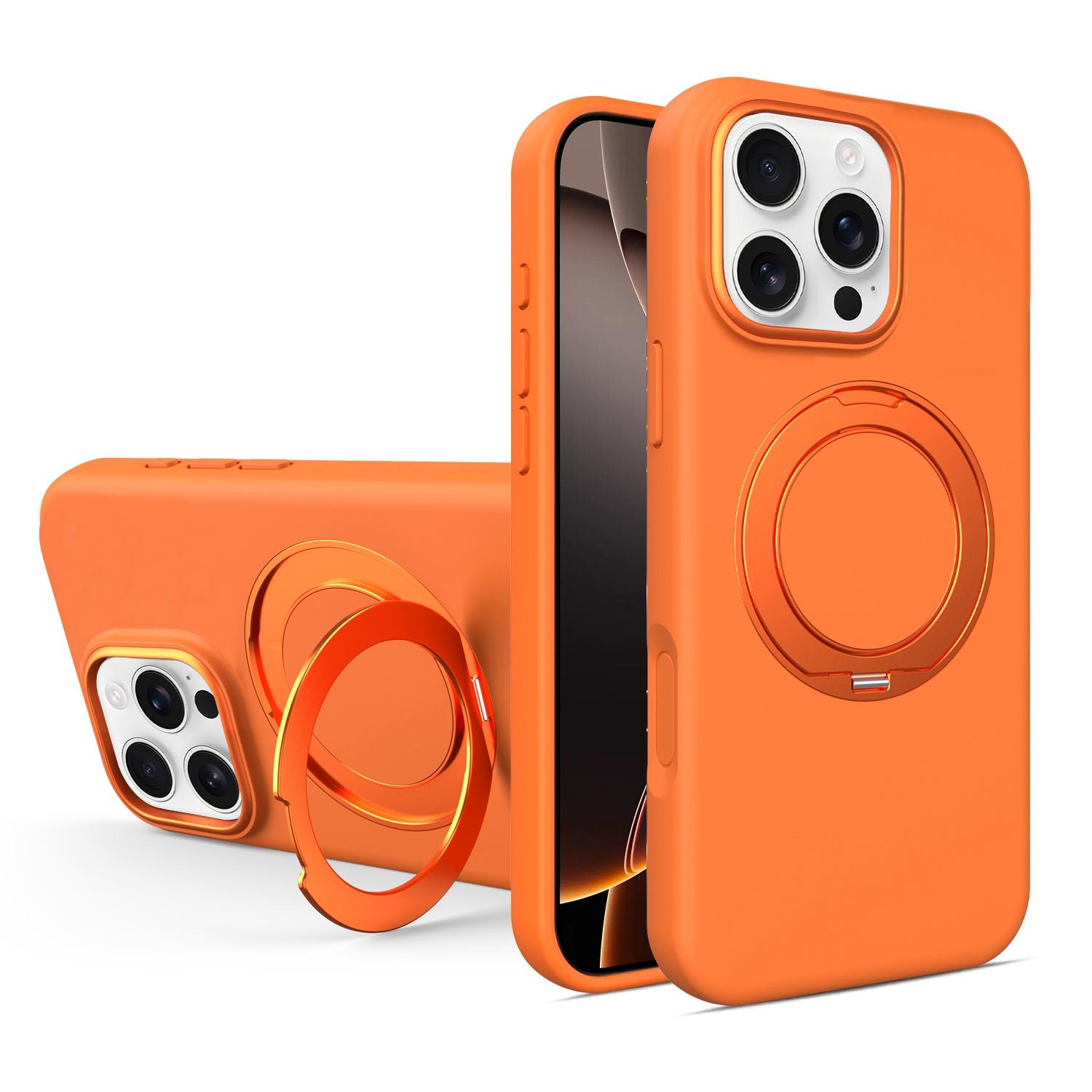 For iPhone 16 Pro Liquid Silicone Magnetic Phone Case with Rotating Stand(Orange) - Shopkiz.com