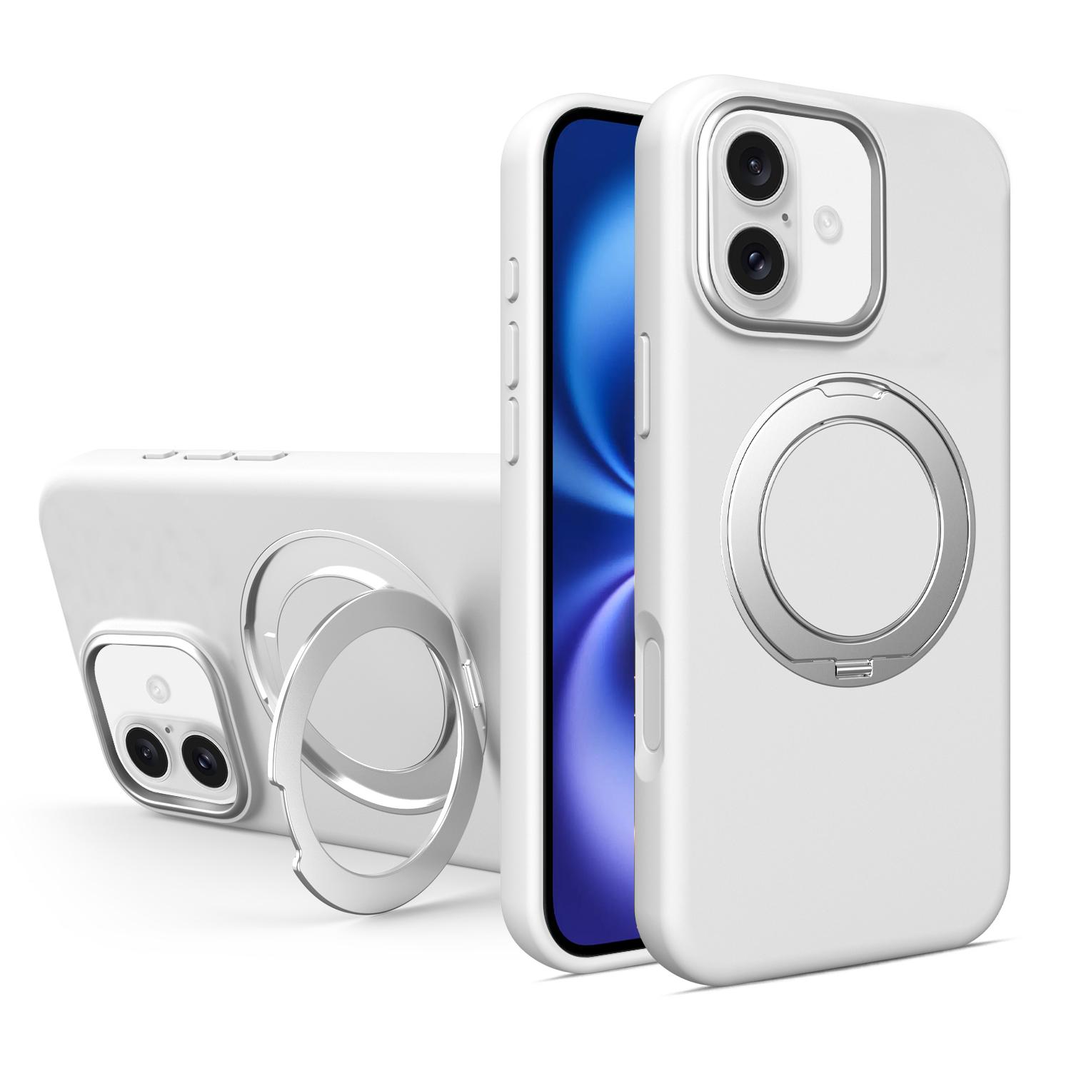 For iPhone 16 Liquid Silicone Magnetic Phone Case with Rotating Stand(White) - Shopkiz.com