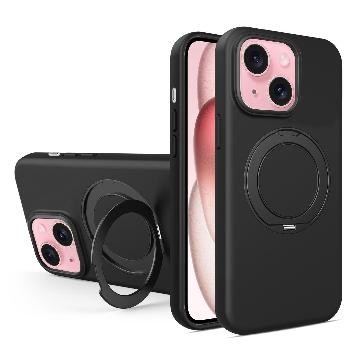 For iPhone 15 Liquid Silicone Magnetic Phone Case with Rotating Stand(Black) - Shopkiz.com