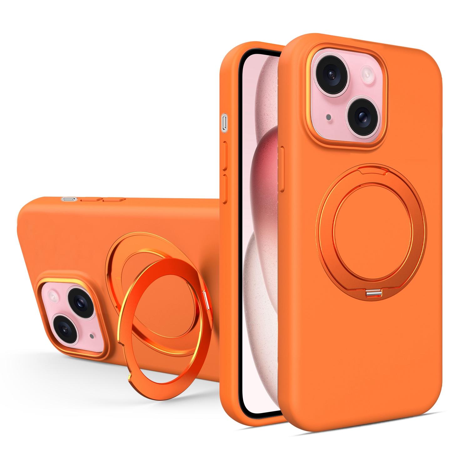 For iPhone 15 Liquid Silicone Magnetic Phone Case with Rotating Stand(Orange) - Shopkiz.com