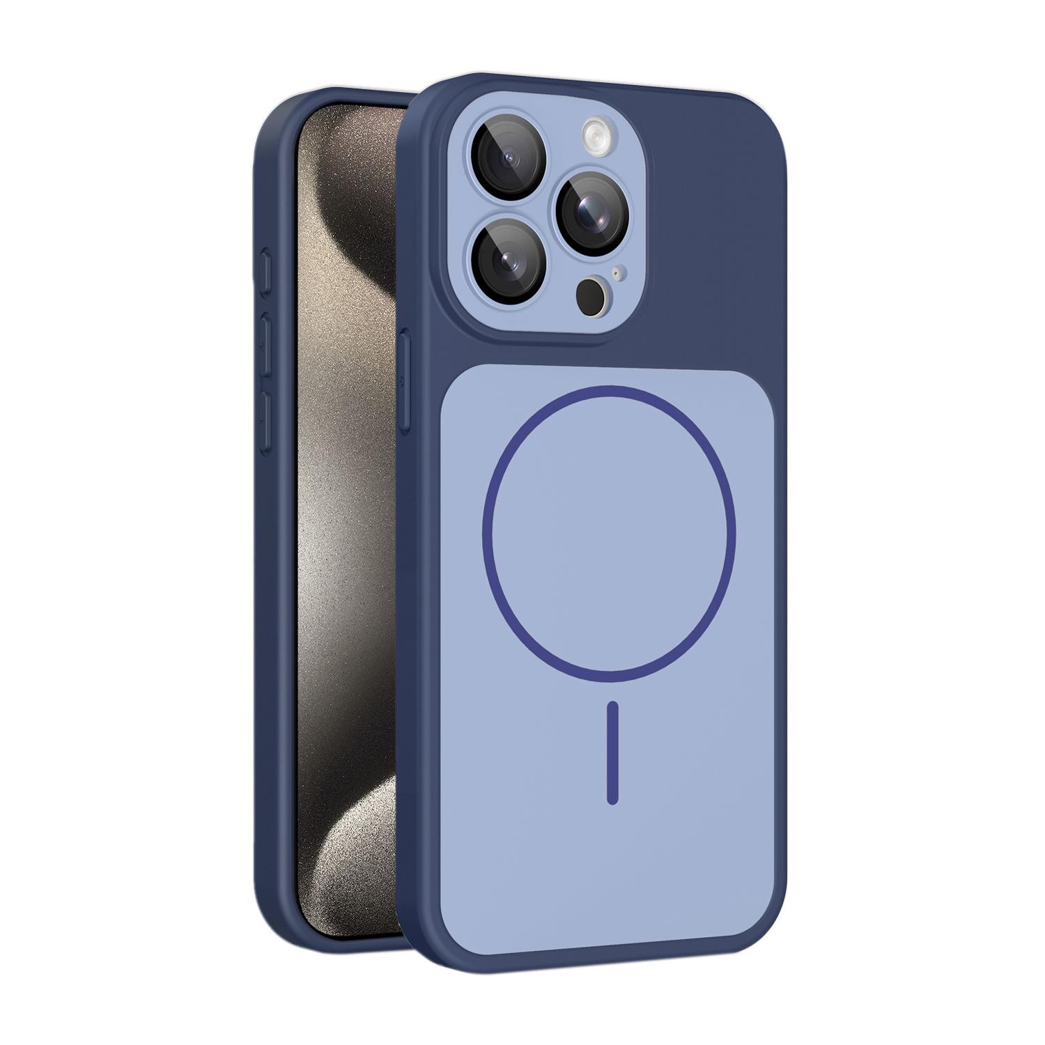 For iPhone 15 Pro Shield Contrast Color Magnetic Phone Case with Lens Protector(Blue) - Shopkiz.com