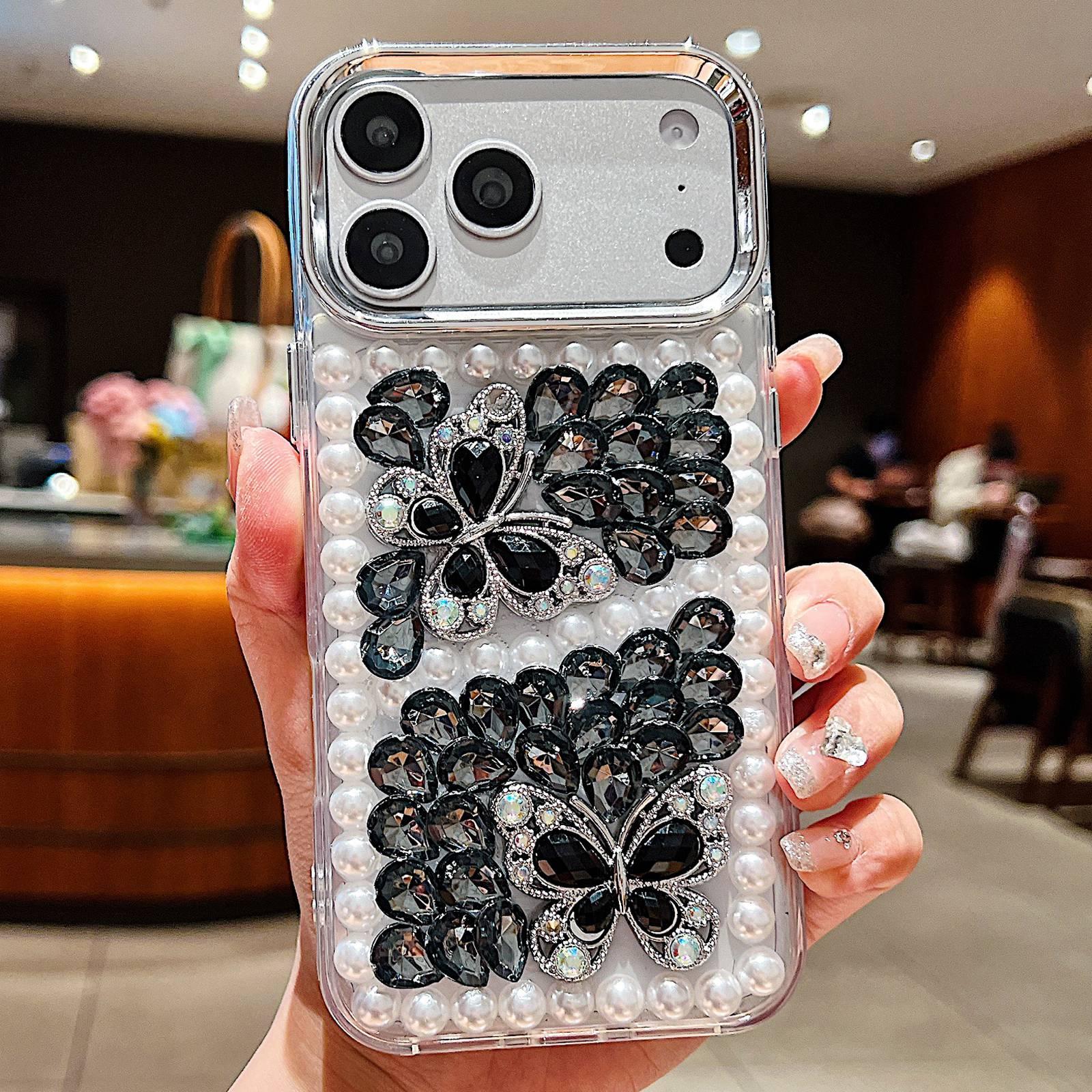 For iPhone 17 Pro Max Handmade Pearl Dual Butterfly Rhinestone Acrylic Phone Case(Black)