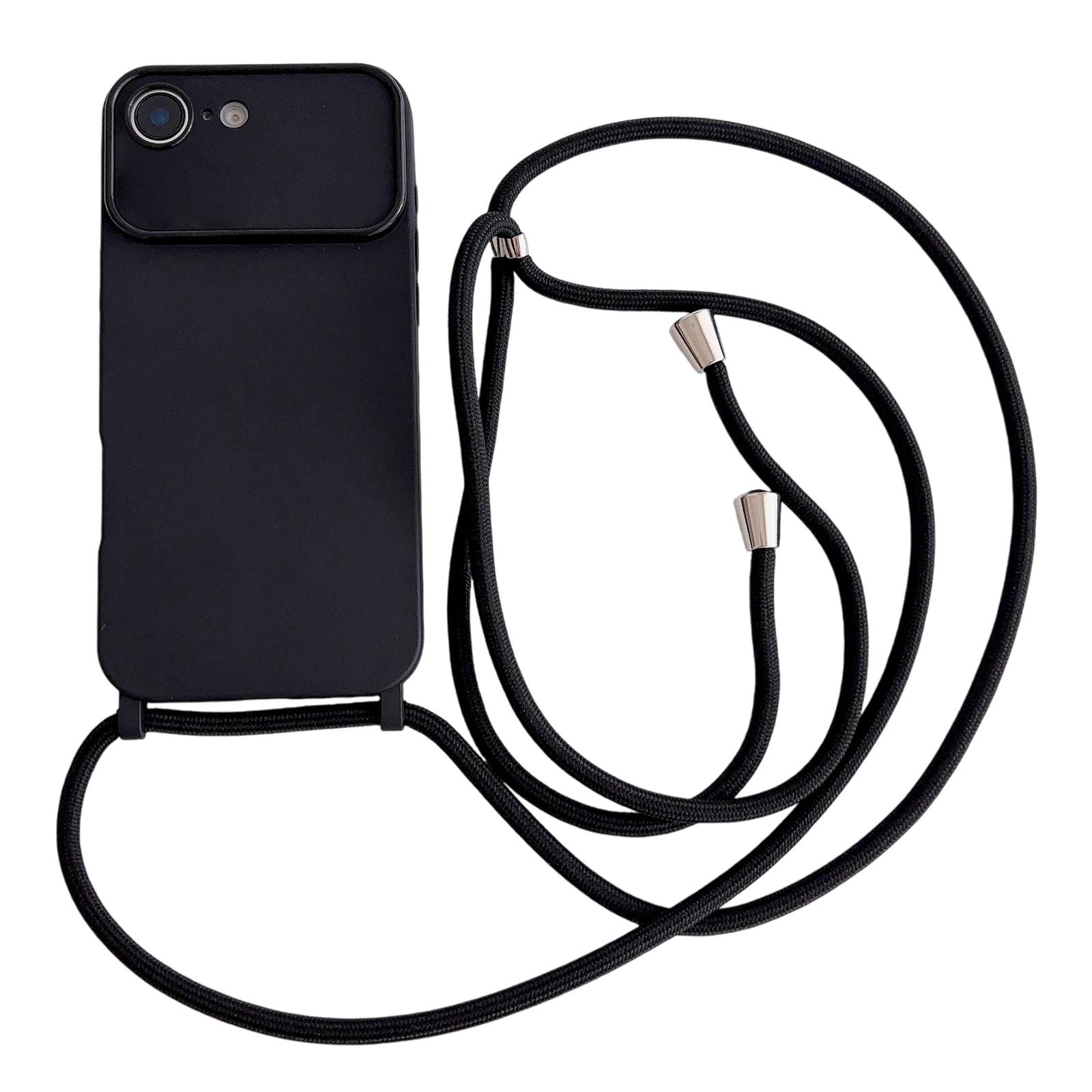 For iPhone 17e / 16e Large Camera Window Integrated Lanyard Holes Phone Case with Crossbody Thin Strap(Black) - Shopkiz.com