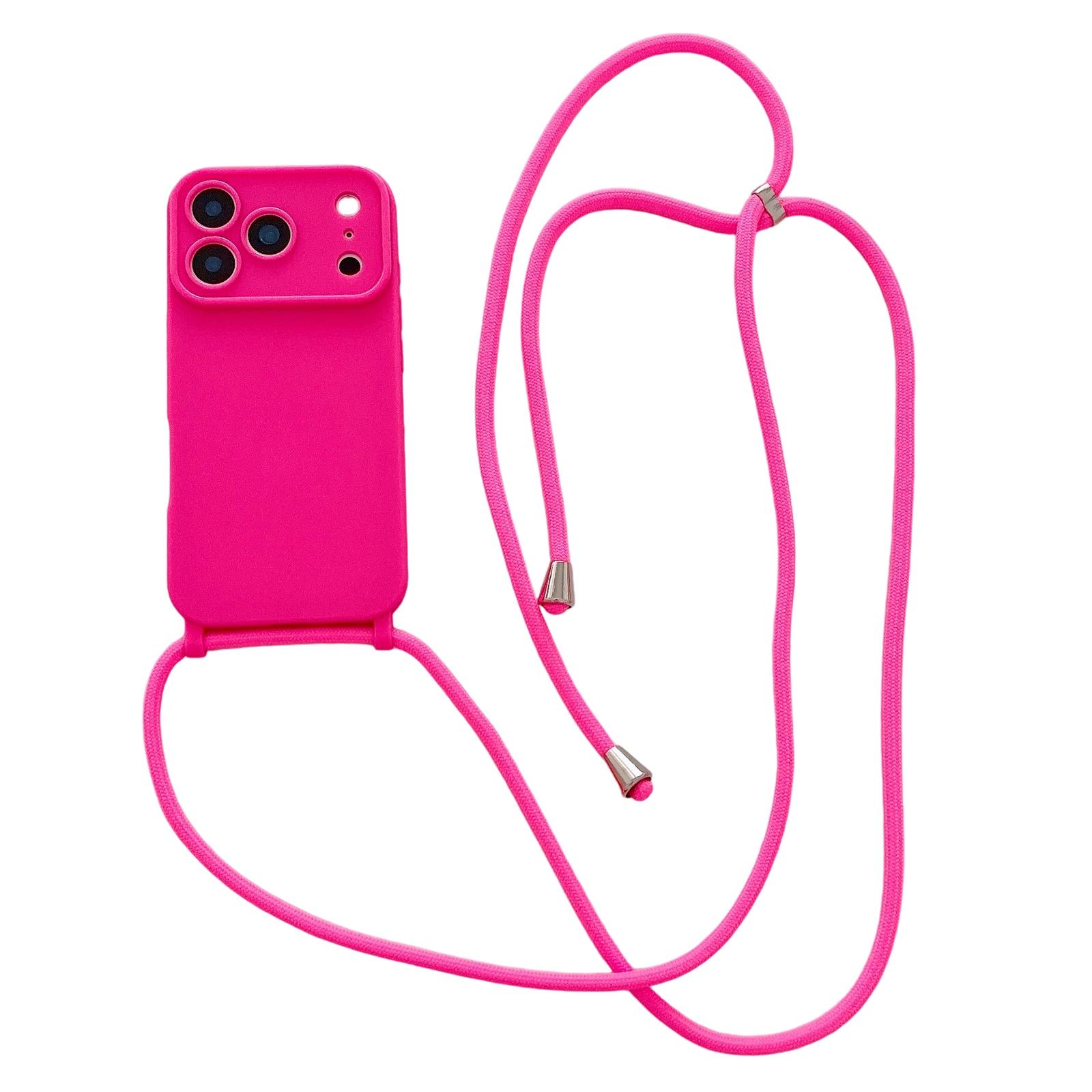 For iPhone 17 Pro Large Camera Window Integrated Lanyard Holes Phone Case with Crossbody Thin Strap(Rose Red) - Shopkiz.com