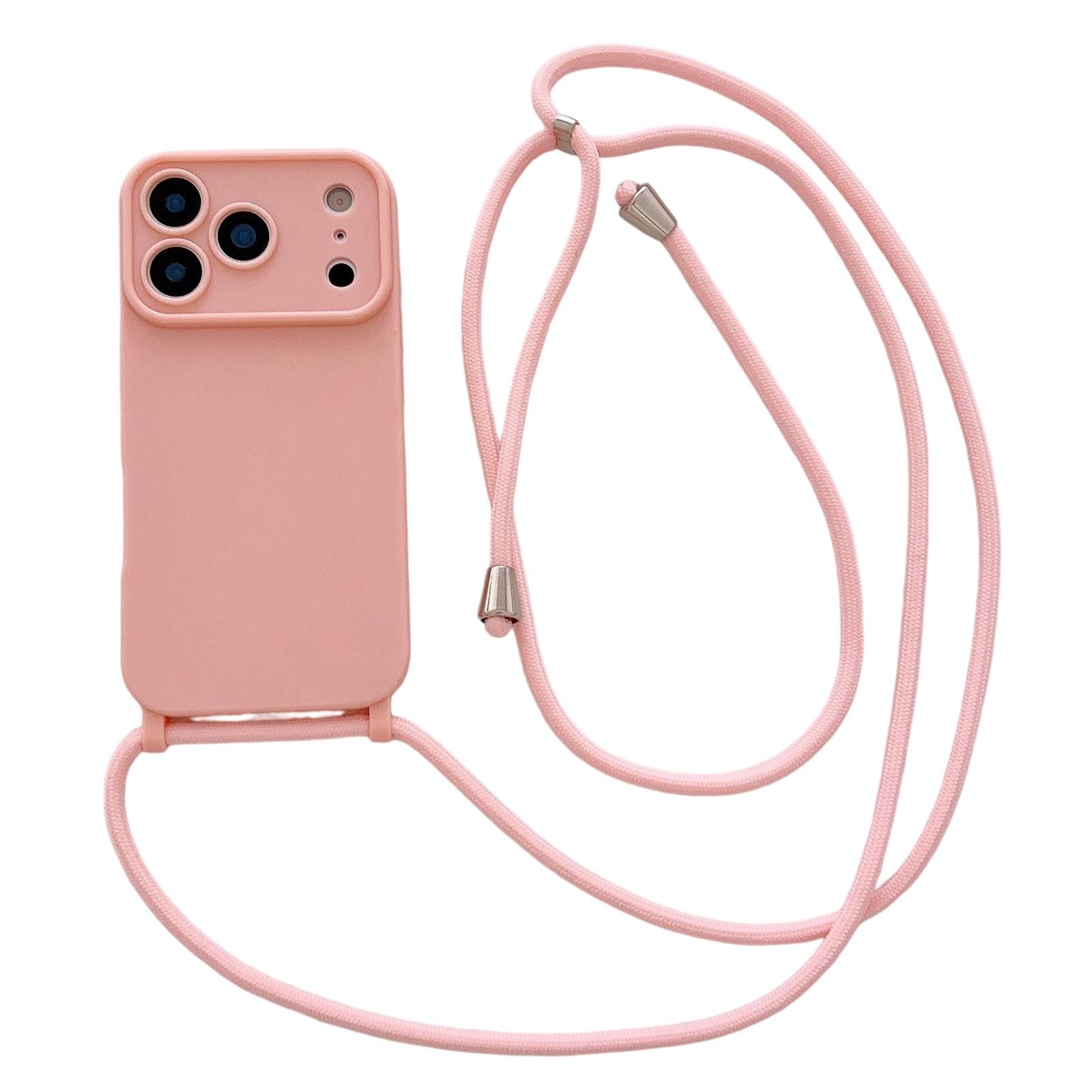 For iPhone 17 Pro Large Camera Window Integrated Lanyard Holes Phone Case with Crossbody Thin Strap(Pink) - Shopkiz.com